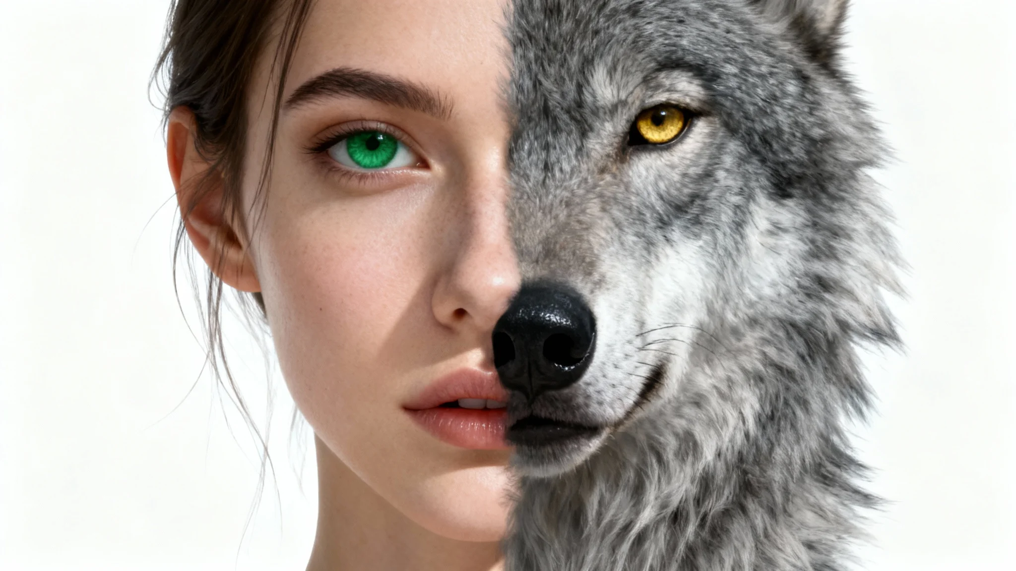 A hyper-realistic digital art portrait showing a woman's face seamlessly morphing into the face of a grey wolf, set against a clean white background to illustrate an animal face morph concept.