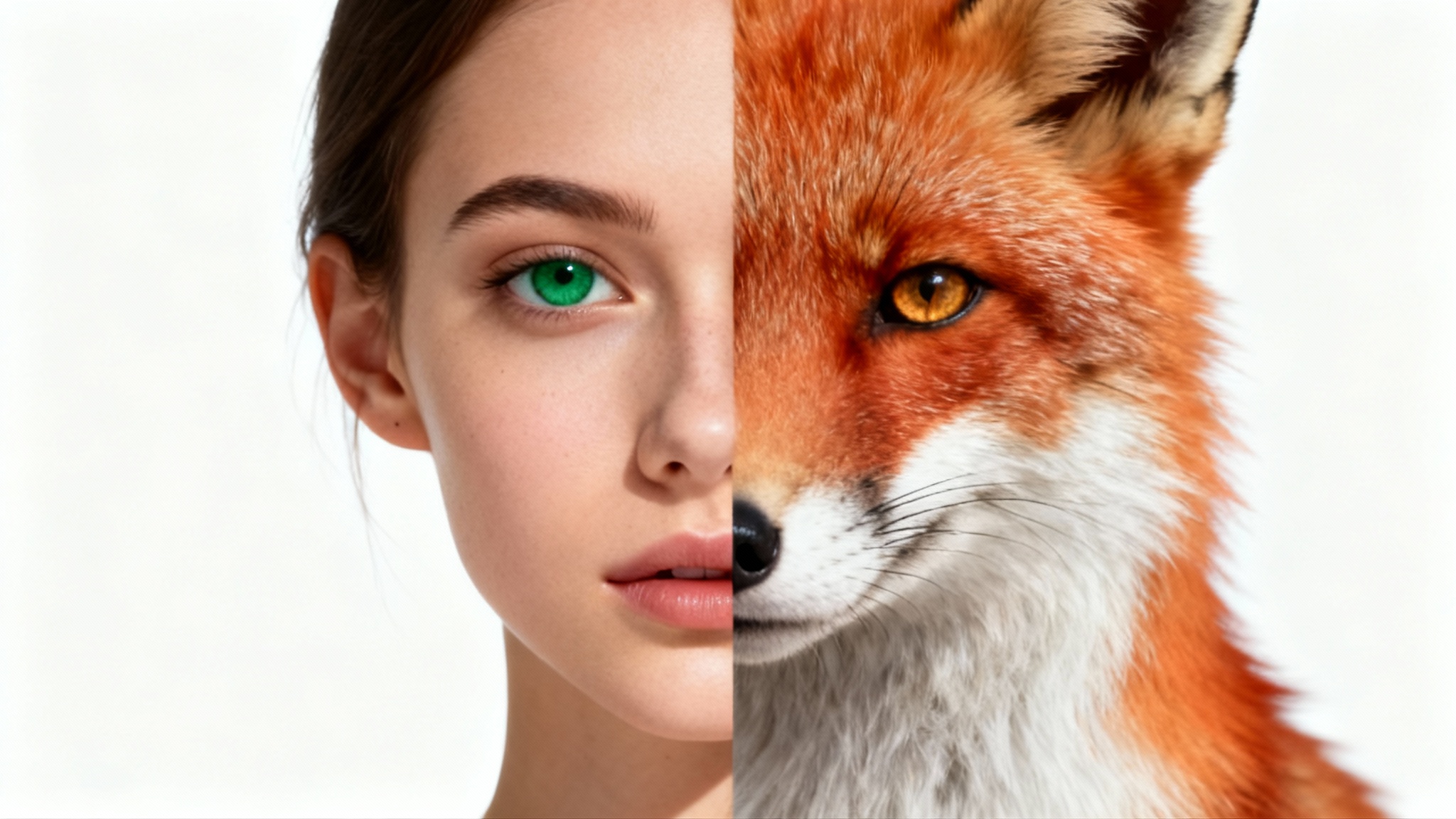 A photorealistic image showcasing a human-animal face morph. One side is a woman's face, which seamlessly transitions into the face of a red fox on the other side, set against a plain white background.
