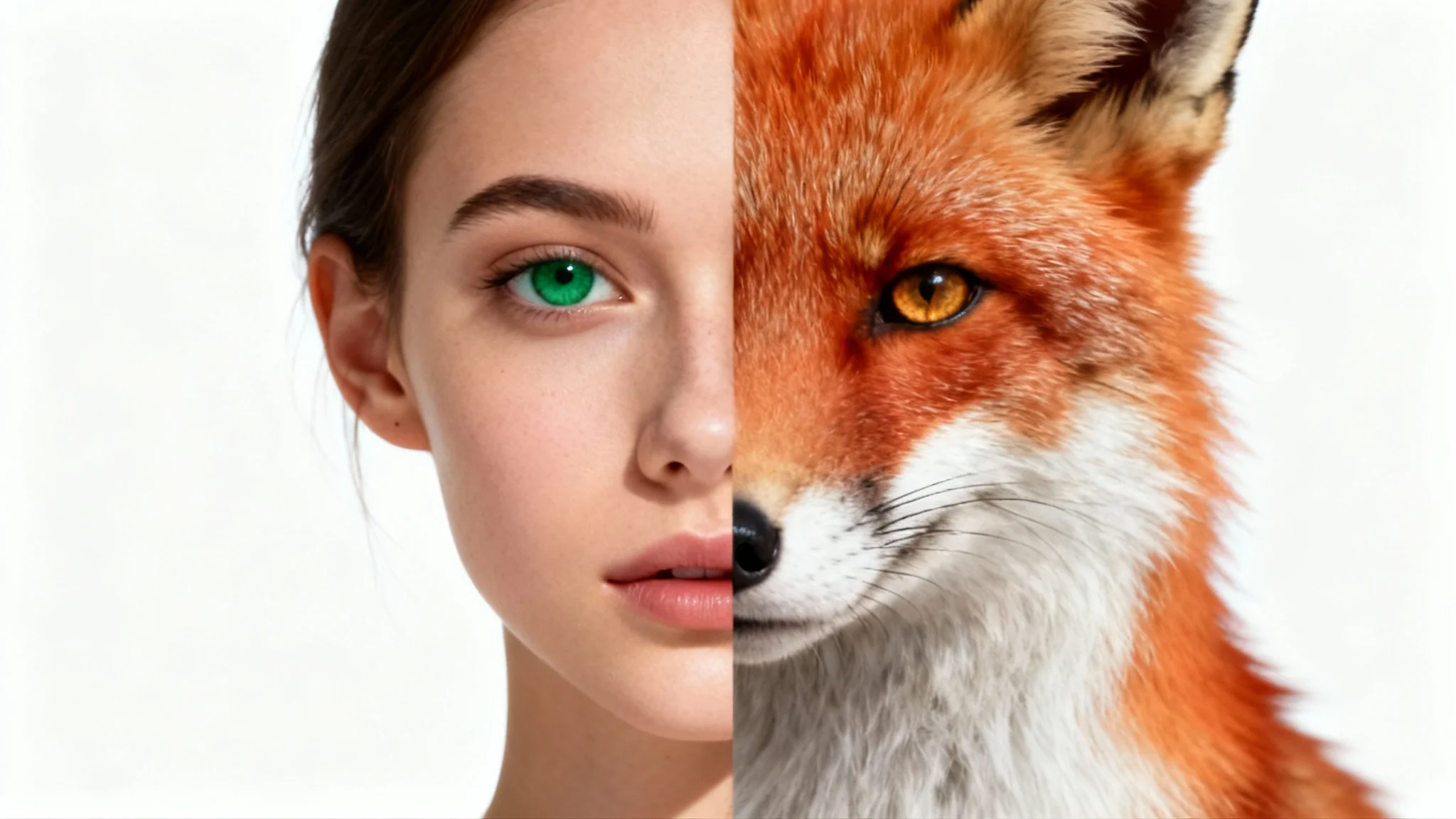 A photorealistic image showcasing a human-animal face morph. One side is a woman's face, which seamlessly transitions into the face of a red fox on the other side, set against a plain white background.