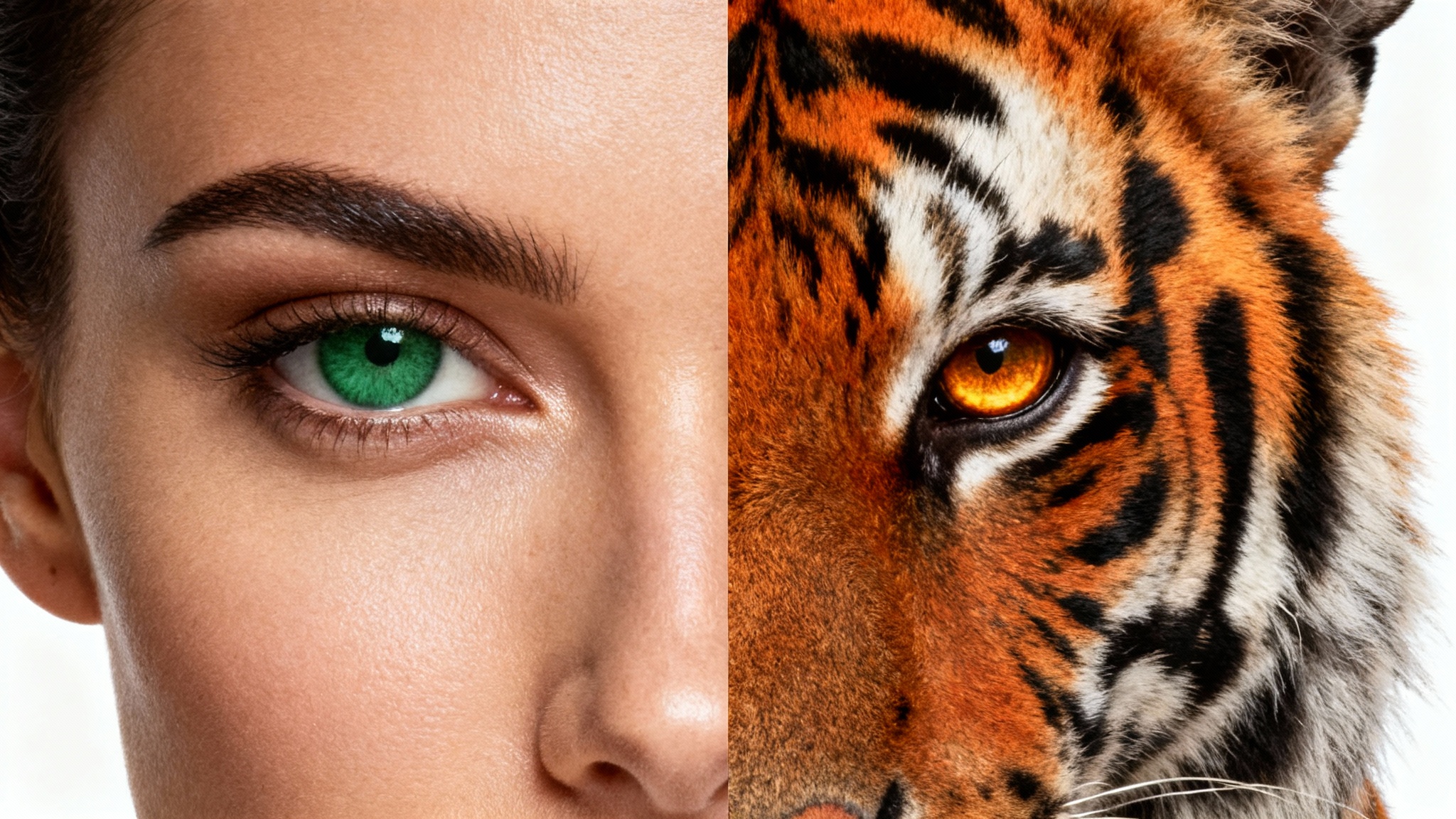 A hyper-realistic composite image depicting a face that is half woman and half siberian tiger, seamlessly morphed together down the center against a clean white background.