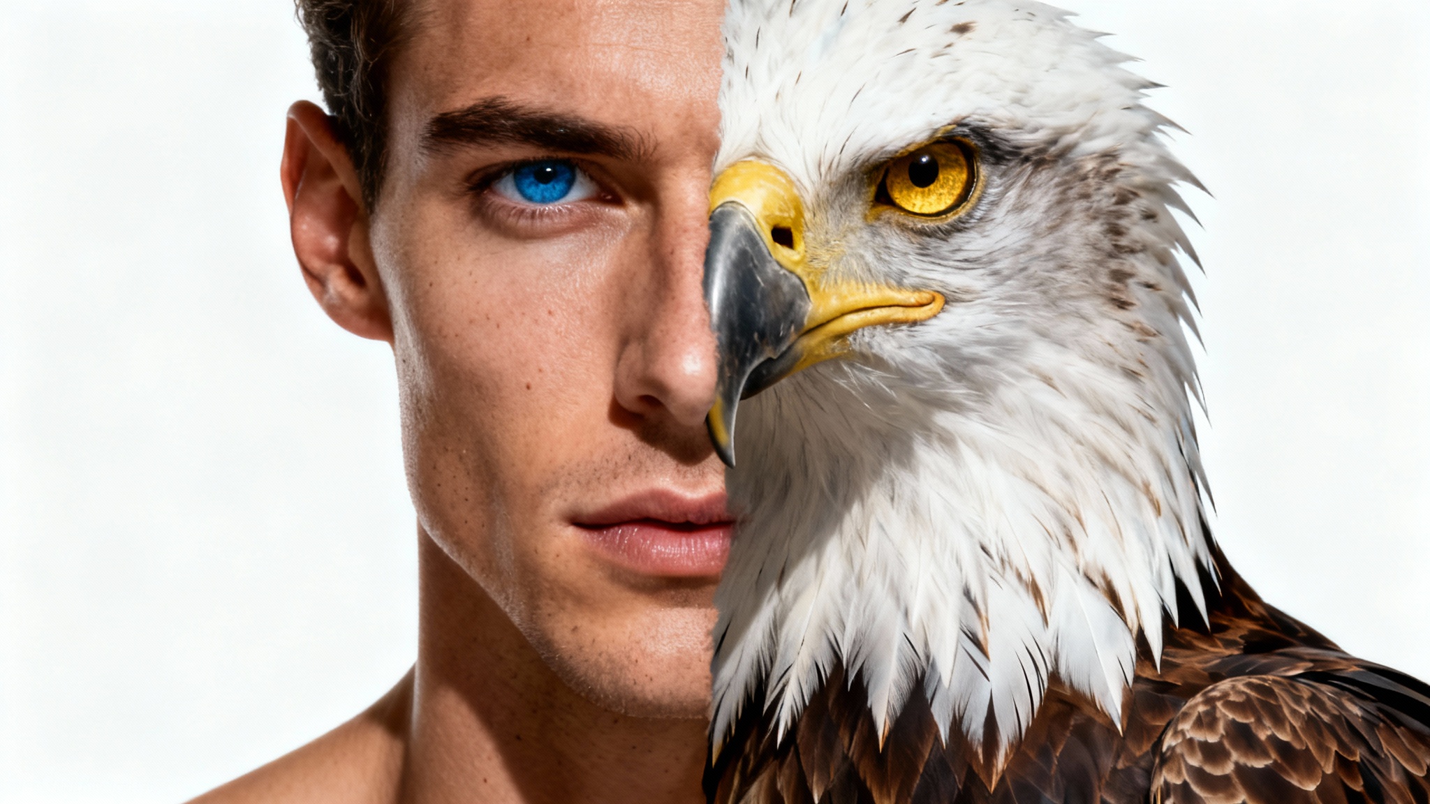 A hyper-realistic image showing a man's face seamlessly morphing into the face of a majestic eagle, on a clean white background.