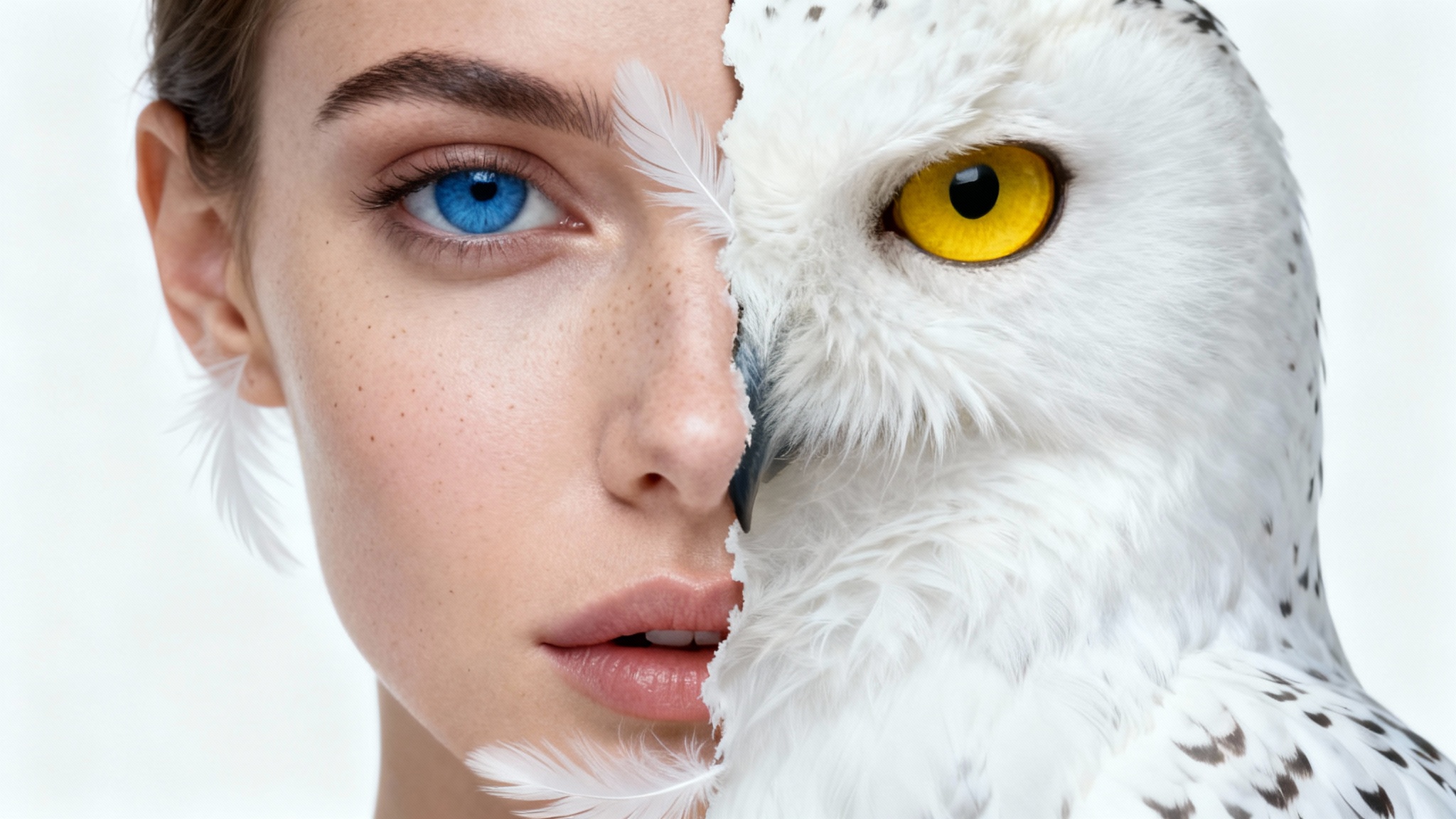 A photorealistic close-up of a face that is half woman and half snowy owl, showcasing the concept of an animal face morph. The transition is seamless, set against a clean white background.