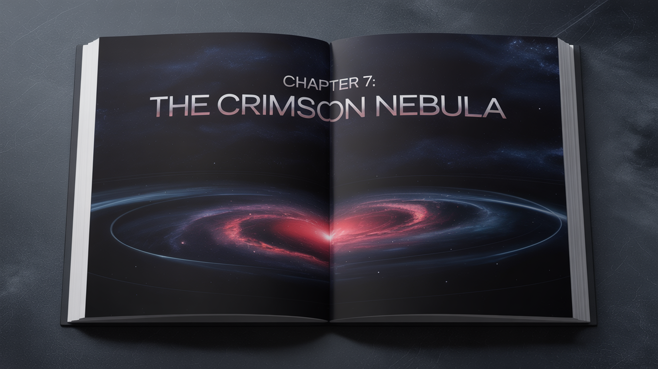 A professionally designed chapter opener page for a sci-fi novel, showing the text 'Chapter 7: The Crimson Nebula' in silver font over a dark background with a minimalist crimson nebula graphic.