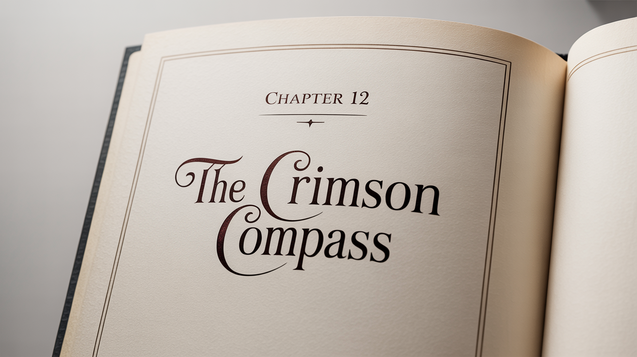 A mockup of a book's chapter opener, showing the text 'Chapter 12' and the title 'The Crimson Compass' in an elegant font on a page set against a white background.