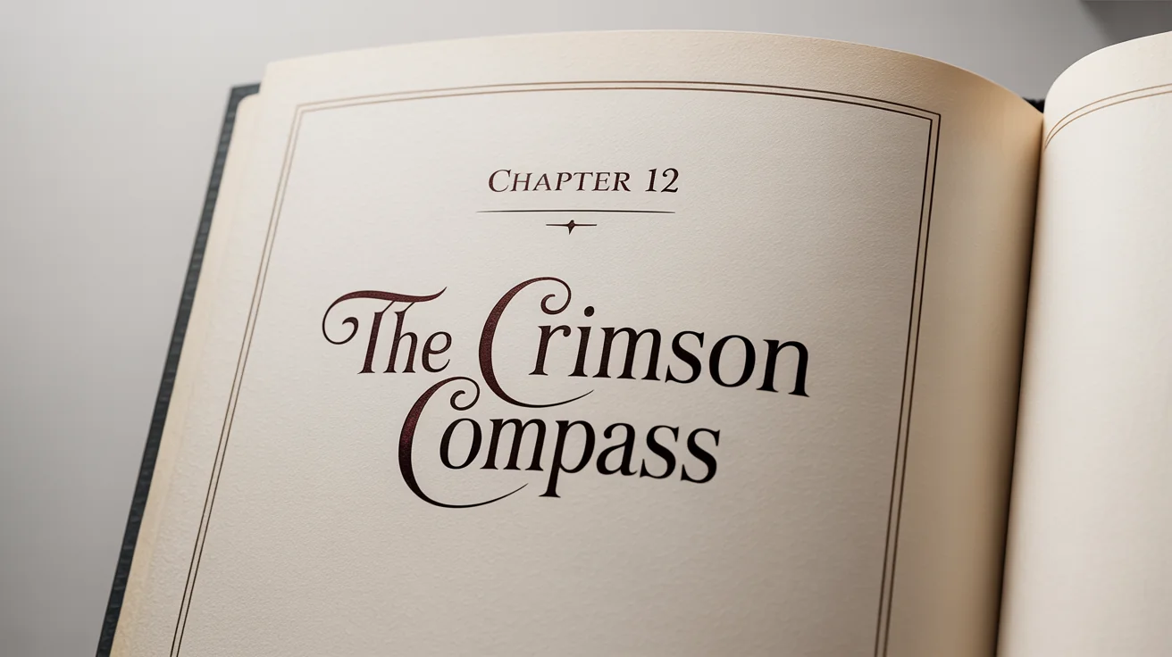 A mockup of a book's chapter opener, showing the text 'Chapter 12' and the title 'The Crimson Compass' in an elegant font on a page set against a white background.