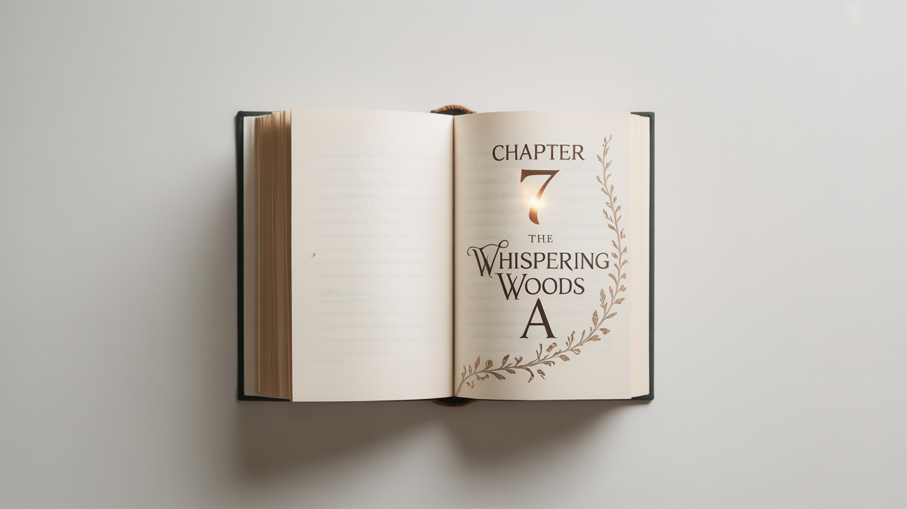 A flat lay photograph of an open book on a white background, displaying a professionally designed chapter opener for 'Chapter 7: The Whispering Woods' with elegant typography and a decorative vine illustration.
