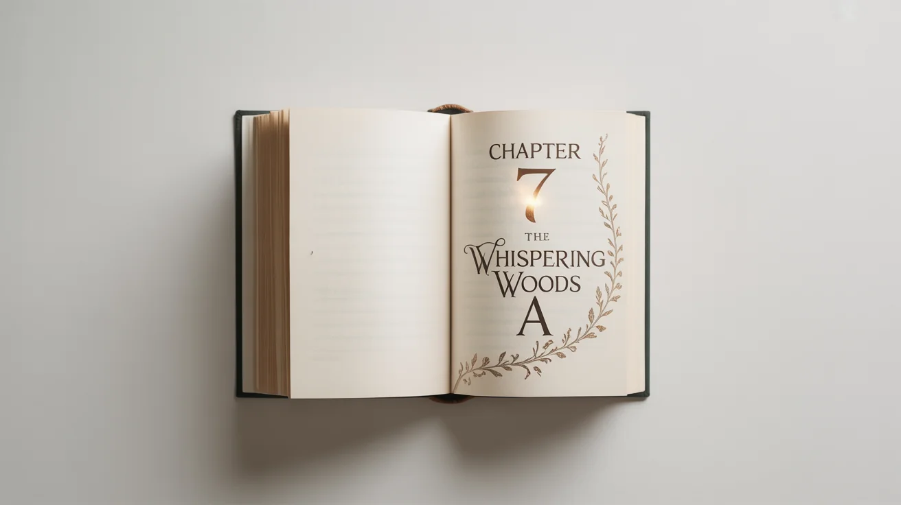 A flat lay photograph of an open book on a white background, displaying a professionally designed chapter opener for 'Chapter 7: The Whispering Woods' with elegant typography and a decorative vine illustration.