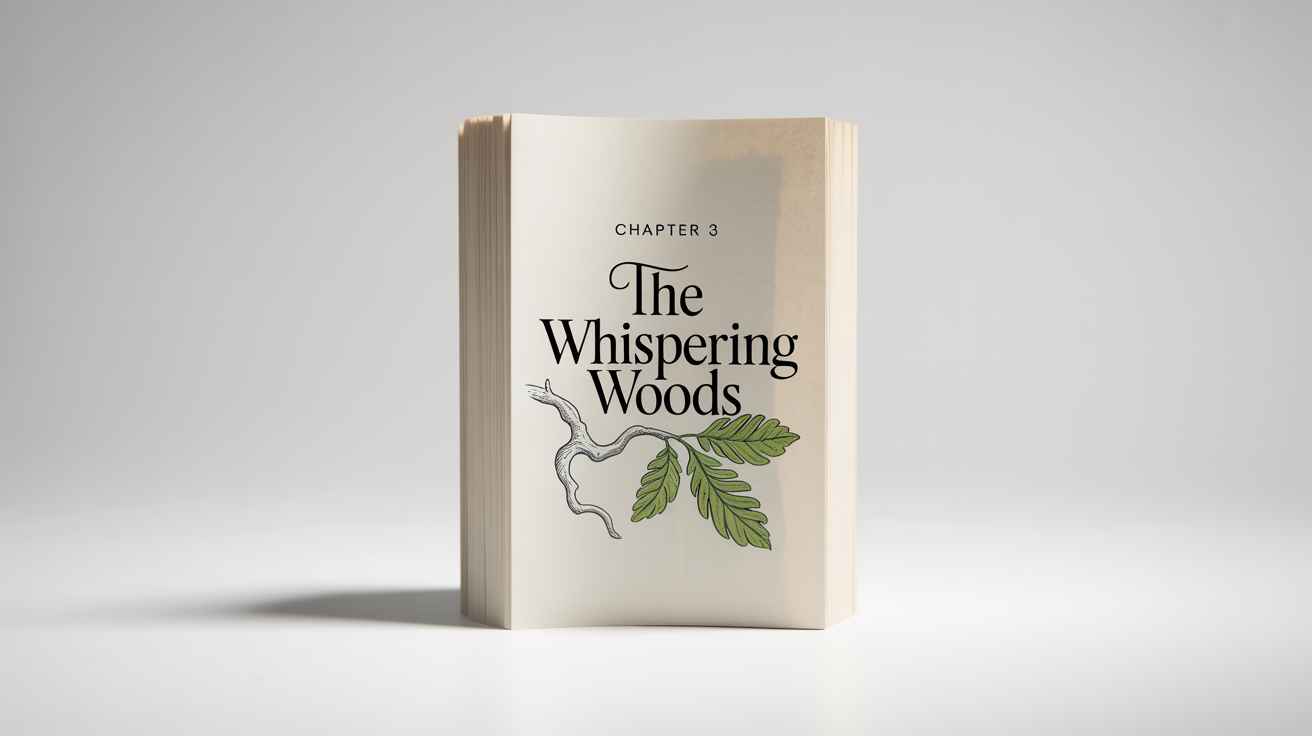 A mockup of a beautifully designed chapter opener for a book, showing the text 'Chapter 3: The Whispering Woods' with a minimalist leaf illustration on a single page.