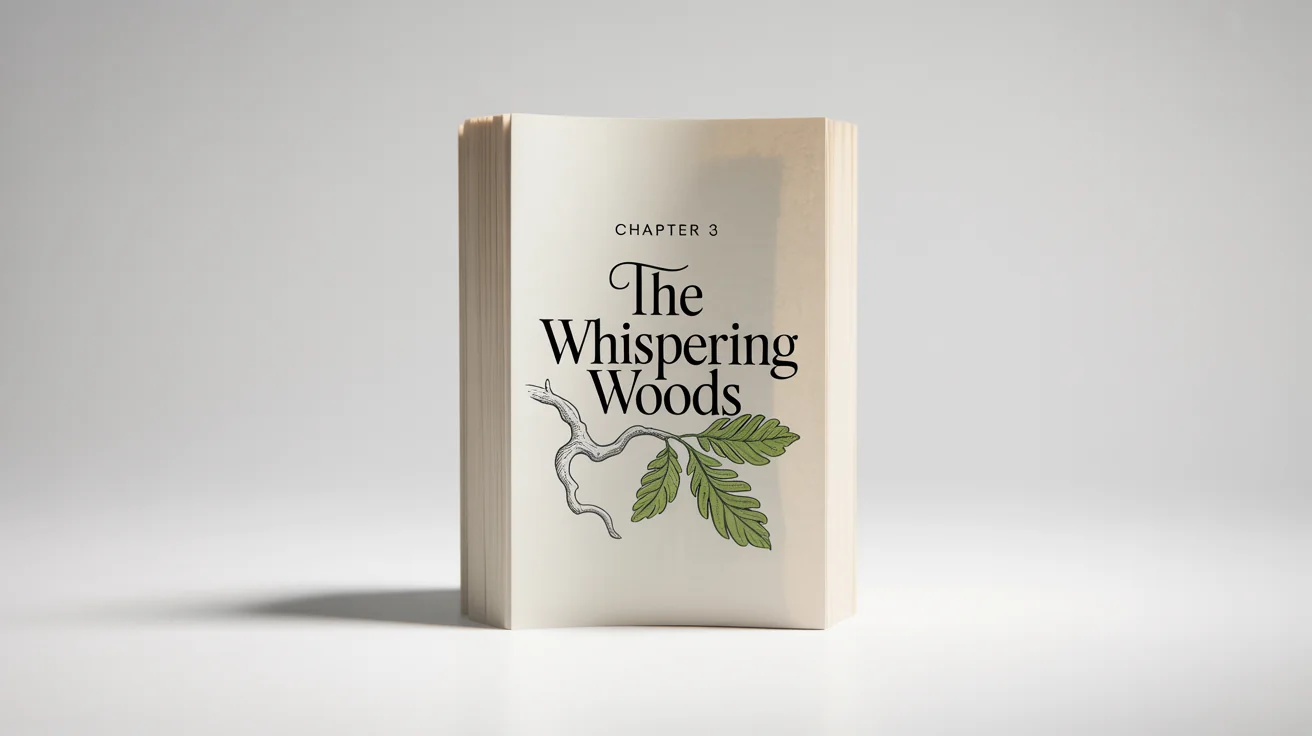A mockup of a beautifully designed chapter opener for a book, showing the text 'Chapter 3: The Whispering Woods' with a minimalist leaf illustration on a single page.