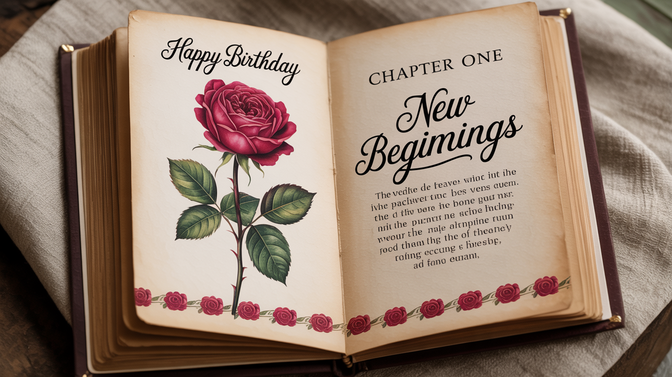 A professionally designed chapter opener in an open book, showing the text 'Chapter 3: The Crimson Garden' with a small watercolor illustration of a red rose on a clean white background.