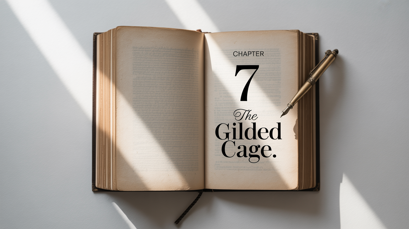 An open book showcasing a professionally designed chapter opener. The page reads 'Chapter 7: The Gilded Cage' with elegant typography on a clean white background.