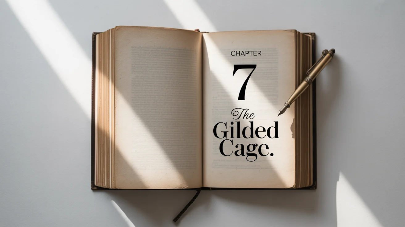 An open book showcasing a professionally designed chapter opener. The page reads 'Chapter 7: The Gilded Cage' with elegant typography on a clean white background.