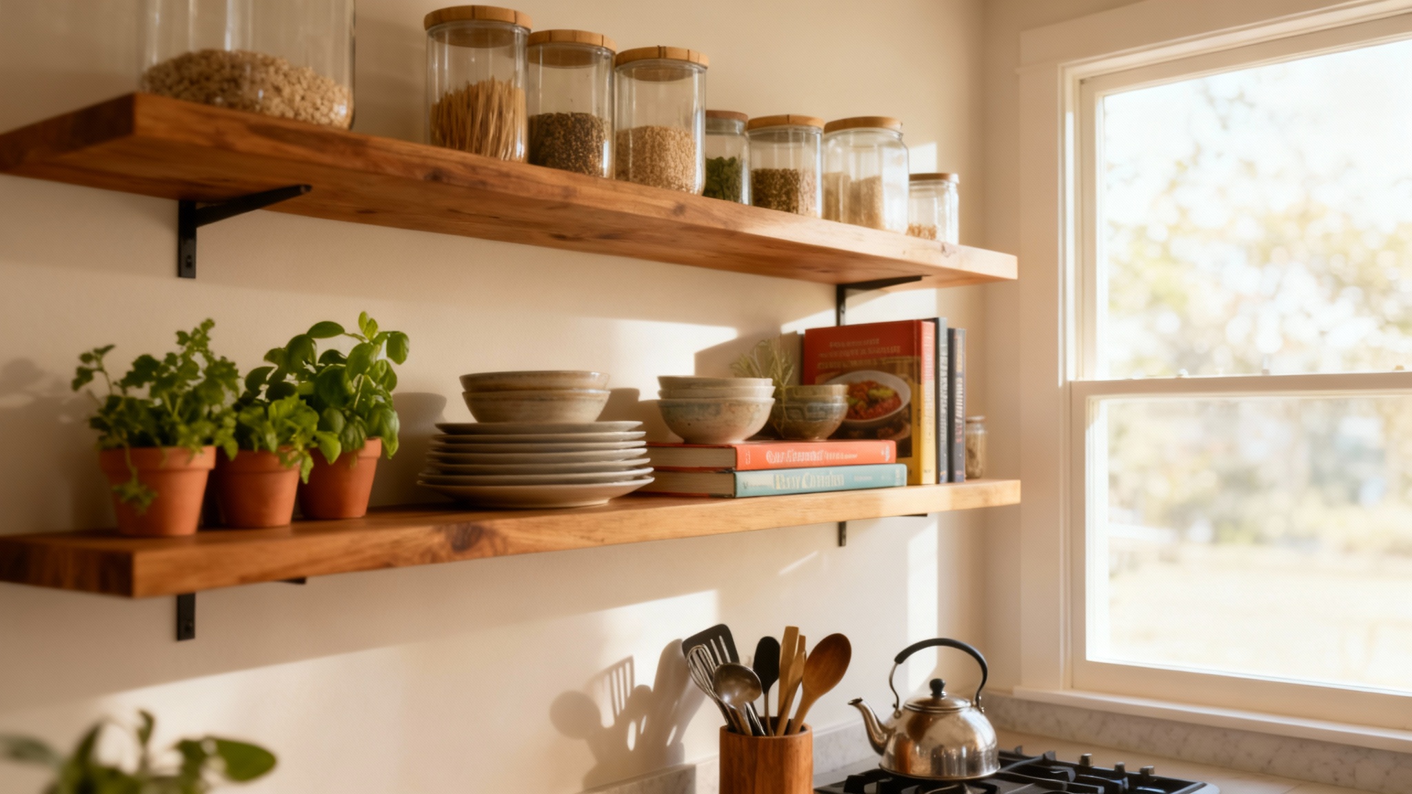 A hero image of perfectly styled open wooden shelves in a modern kitchen, featuring neatly arranged ceramic dishes, glass jars, and small plants in soft natural light, representing an aspirational home decor result.