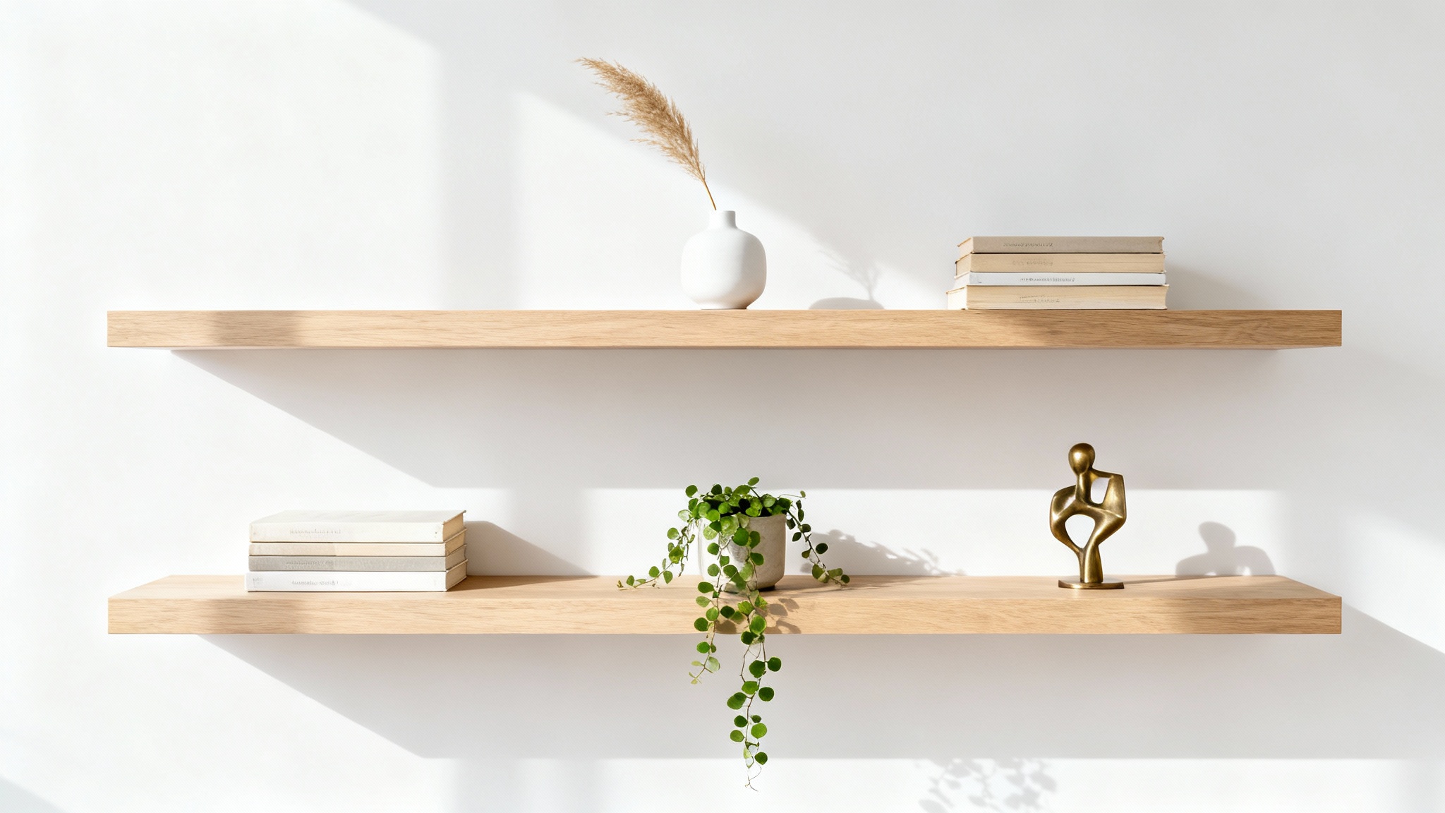 Two modern light-wood floating shelves styled with minimalist decor, including books, a plant, and a vase, set against a clean white wall.