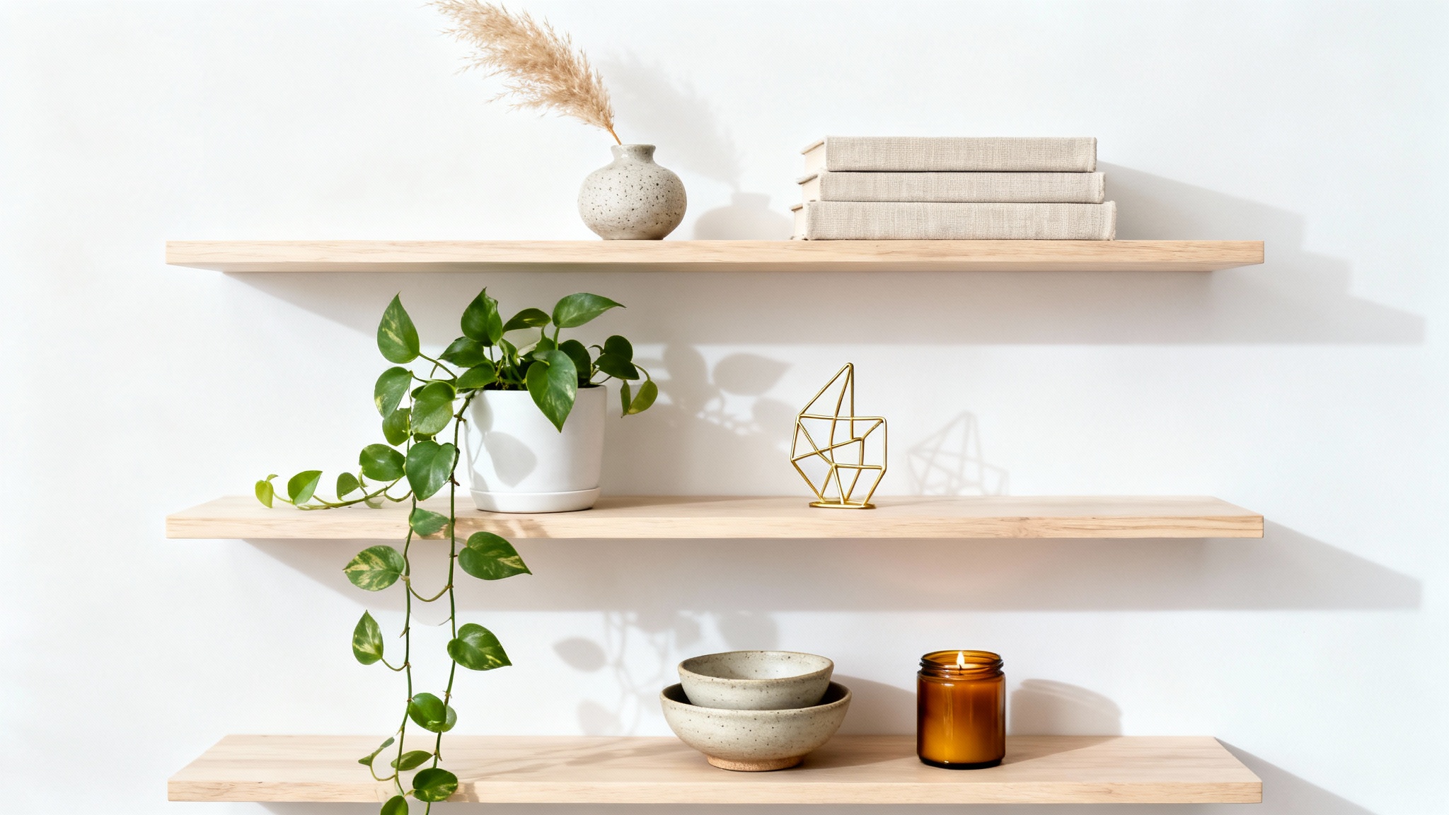 A set of three minimalist wooden floating shelves styled with modern decor, including a plant, books, ceramic vases, and a candle, all set against a clean white background.