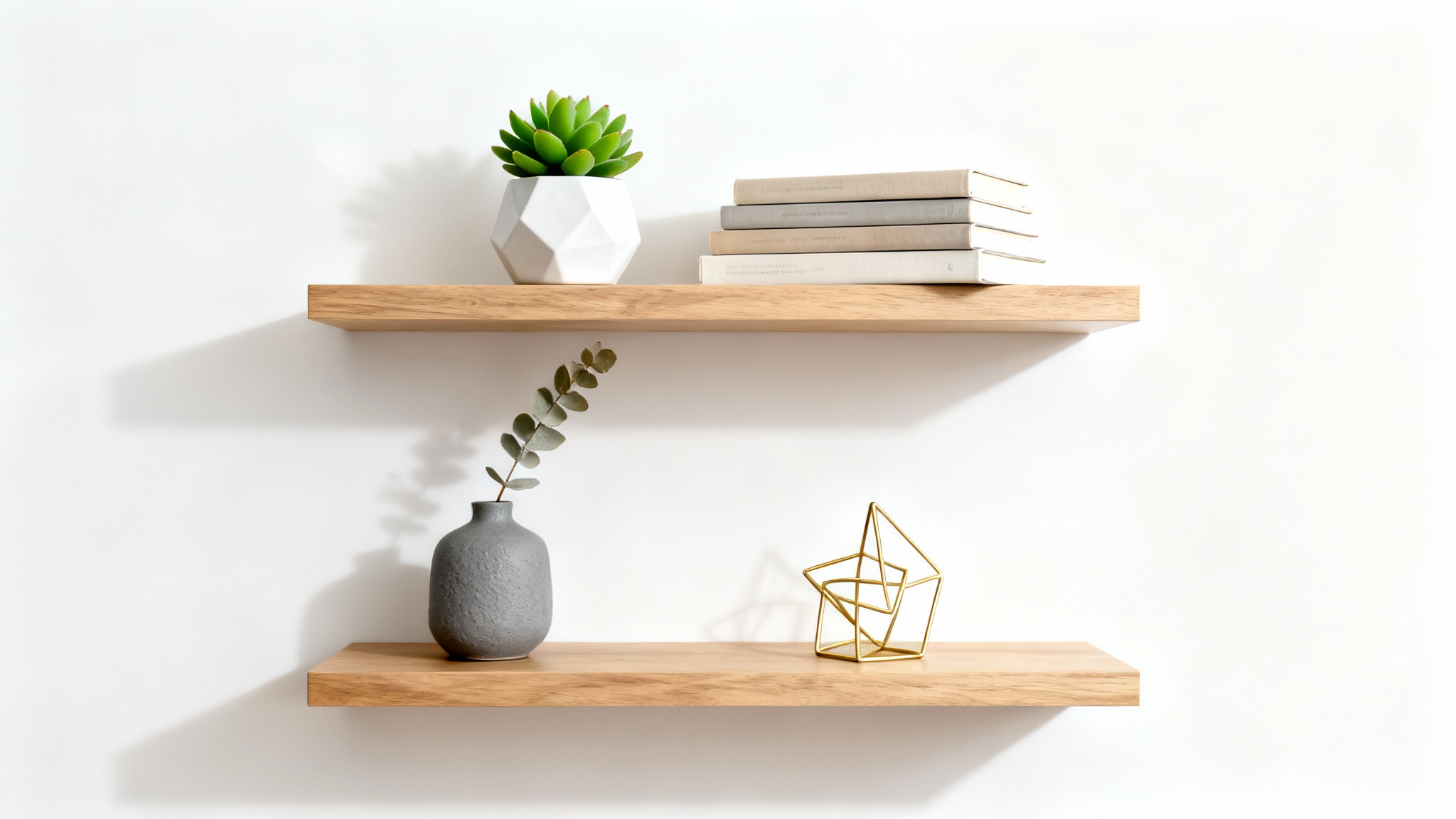 A set of two modern wooden floating shelves styled with minimalist decor, including books, a succulent, a vase with eucalyptus, and a gold sculpture, against a plain white background.
