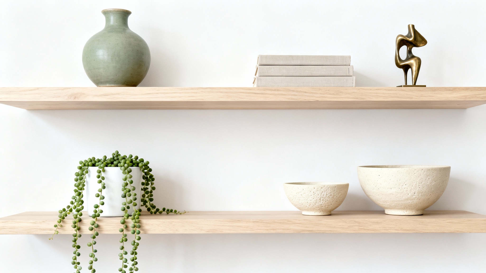 A close-up of two beautifully styled light wood floating shelves against a plain white background, featuring minimalist decor like ceramic vases, books, and a small trailing plant.