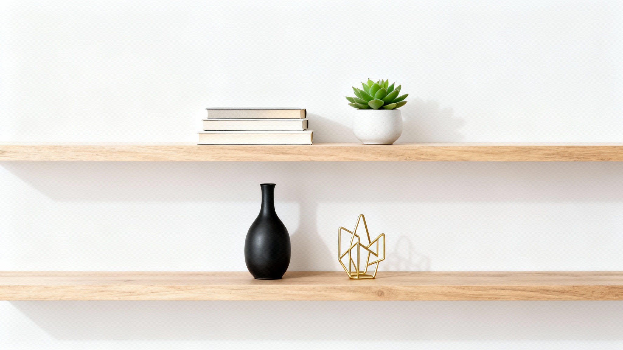 A minimalist composition of two light wood floating shelves against a white background, decorated with books, a succulent, a black vase, and a gold sculpture.