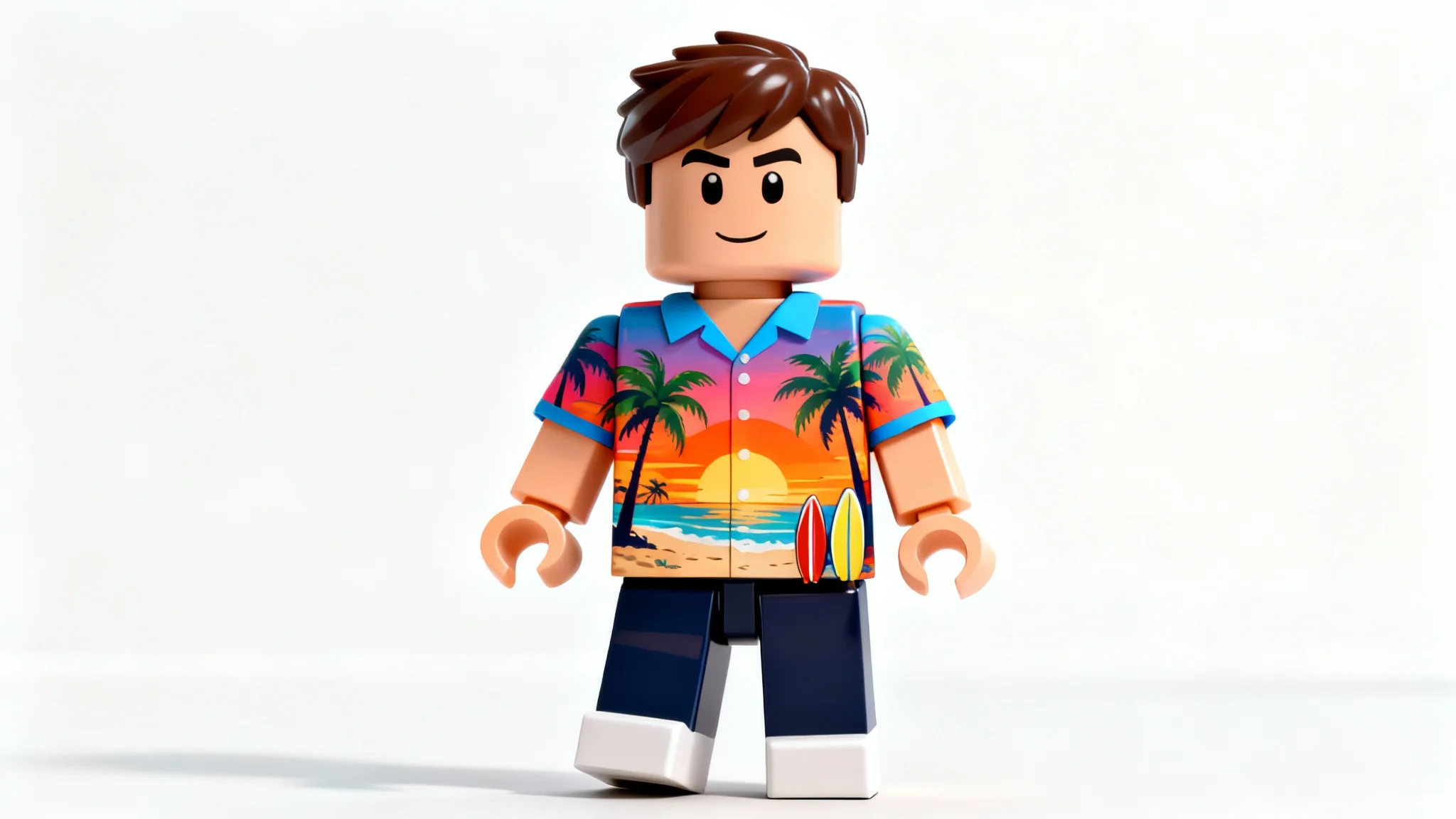 A 3D Roblox avatar wearing a custom shirt with a vibrant tropical beach and sunset design, shown in a clean studio setting to highlight the final product.