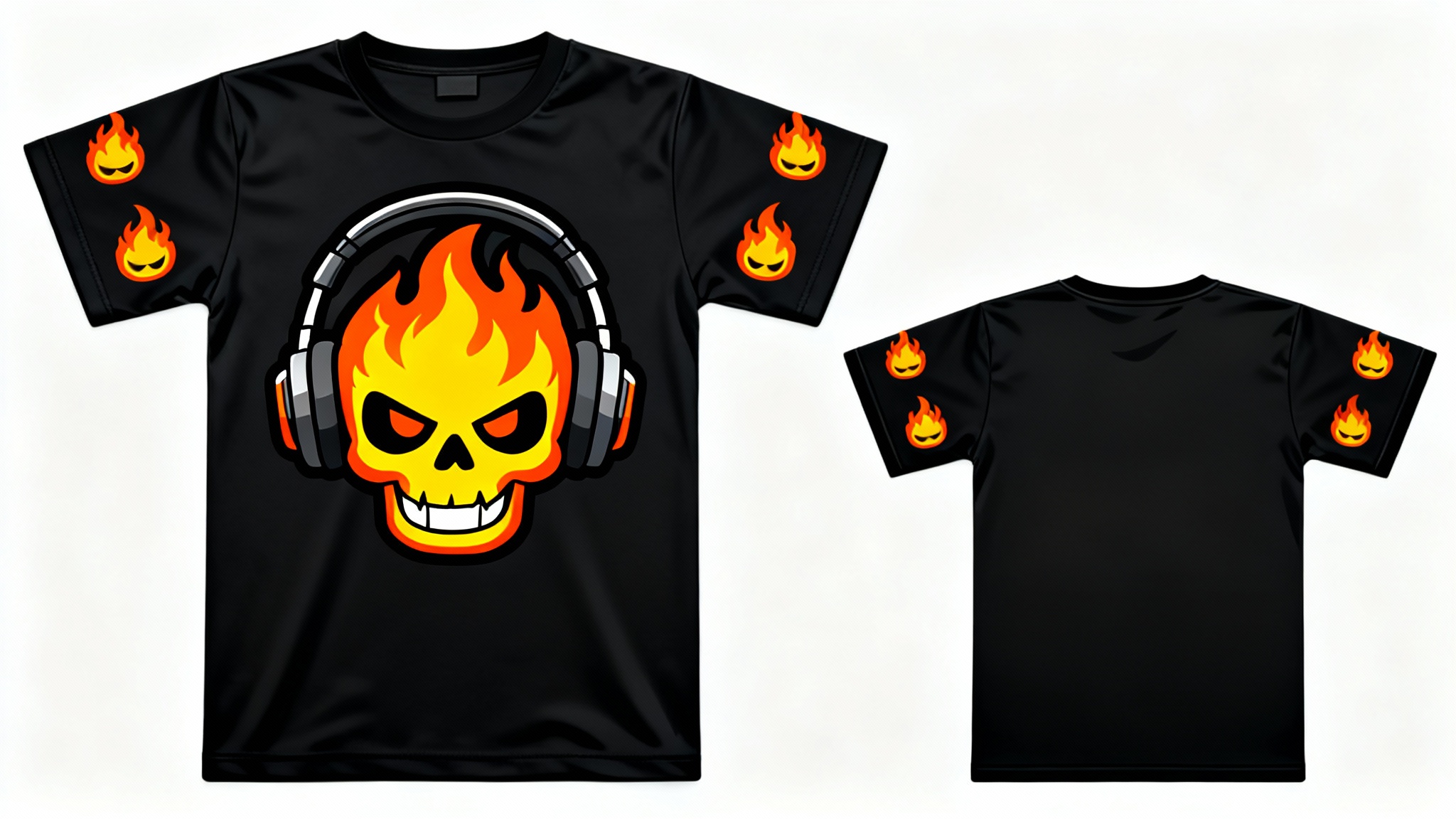 A flat lay digital illustration of a Roblox shirt template with a gamer theme. The black shirt features a cartoon flaming skull with headphones, laid out on a white background.
