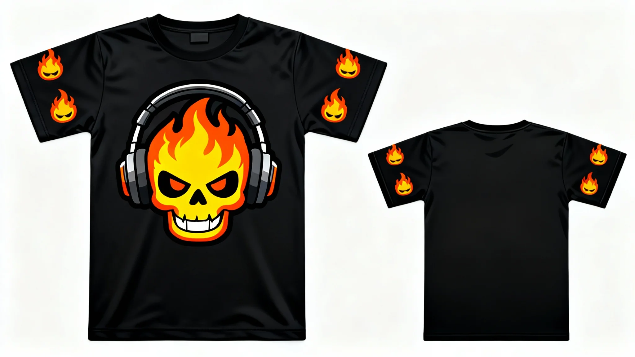 A flat lay digital illustration of a Roblox shirt template with a gamer theme. The black shirt features a cartoon flaming skull with headphones, laid out on a white background.