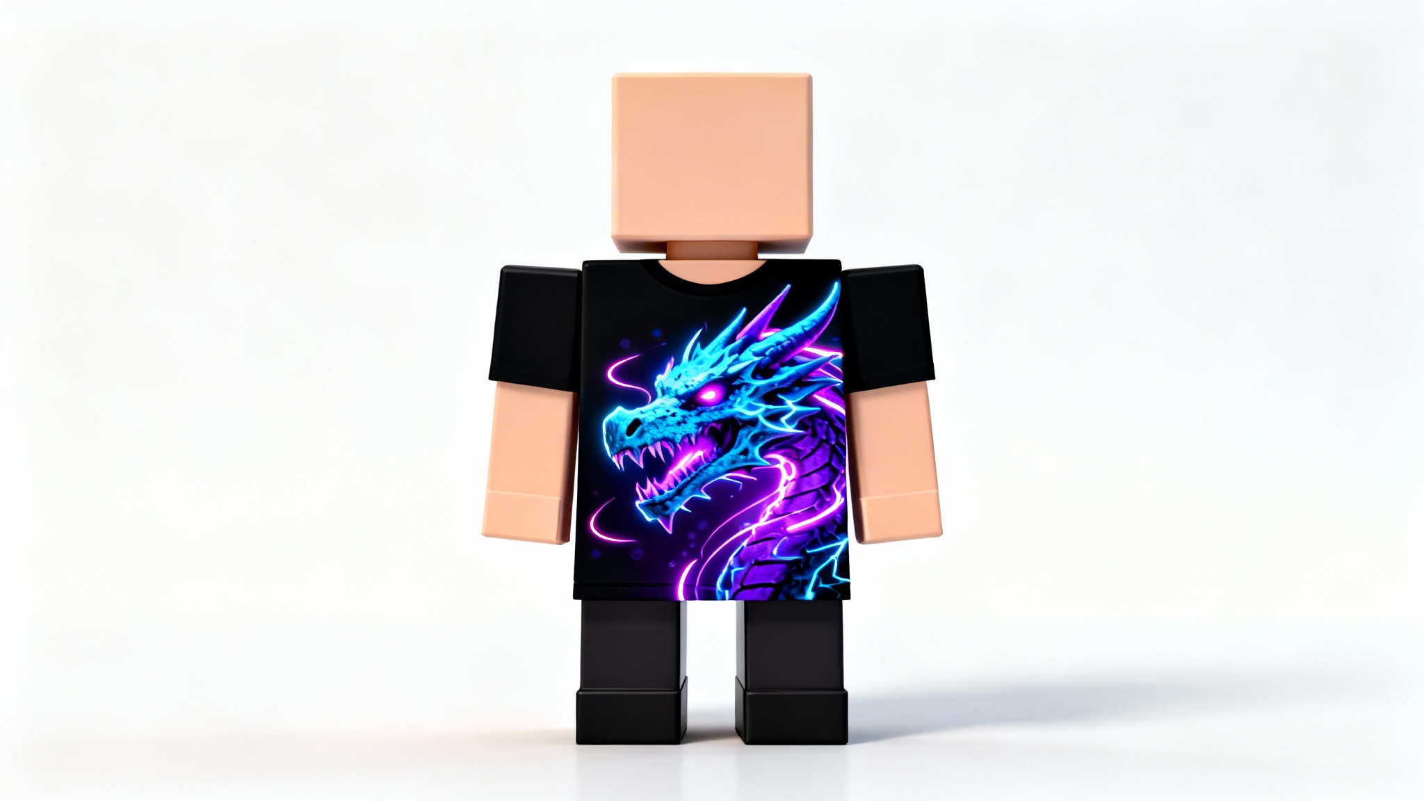 A 3D mockup of a blocky Roblox character wearing a black t-shirt with a glowing blue and purple dragon skull graphic, shown against a white background.