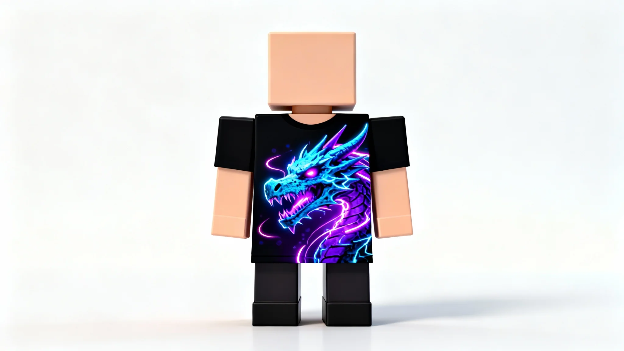A 3D mockup of a blocky Roblox character wearing a black t-shirt with a glowing blue and purple dragon skull graphic, shown against a white background.