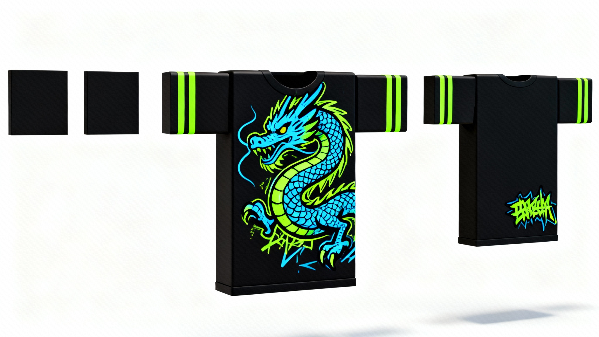 A flat-lay digital template for a Roblox shirt on a white background, featuring a black shirt with a vibrant blue and green graffiti dragon design on the front.