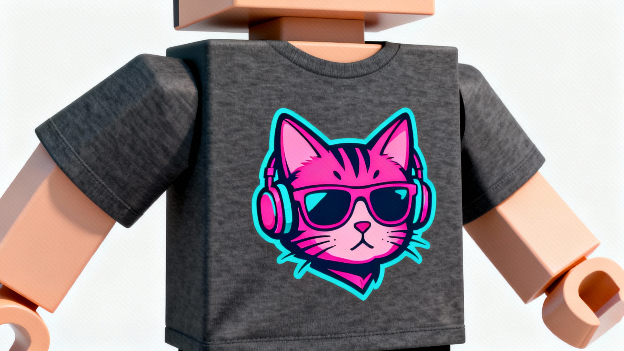 A 3D rendered Roblox character model wearing a custom dark gray t-shirt featuring a neon graphic of a cat with sunglasses, presented as a product mockup on a white background.