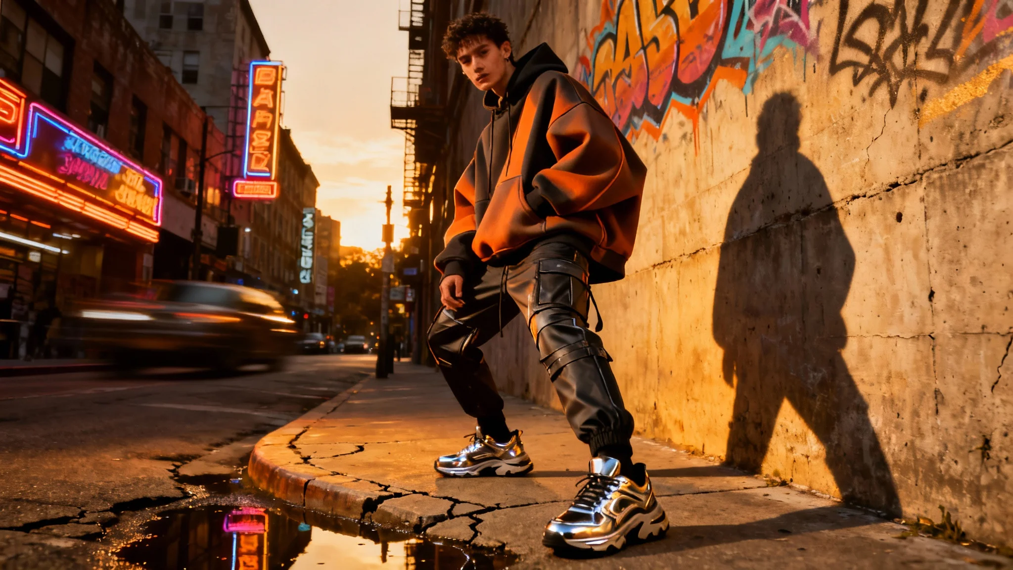 A stylish person in an urban fashion outfit, including a hoodie and cargo pants, poses on a city street during sunset for a professional fashion photoshoot.