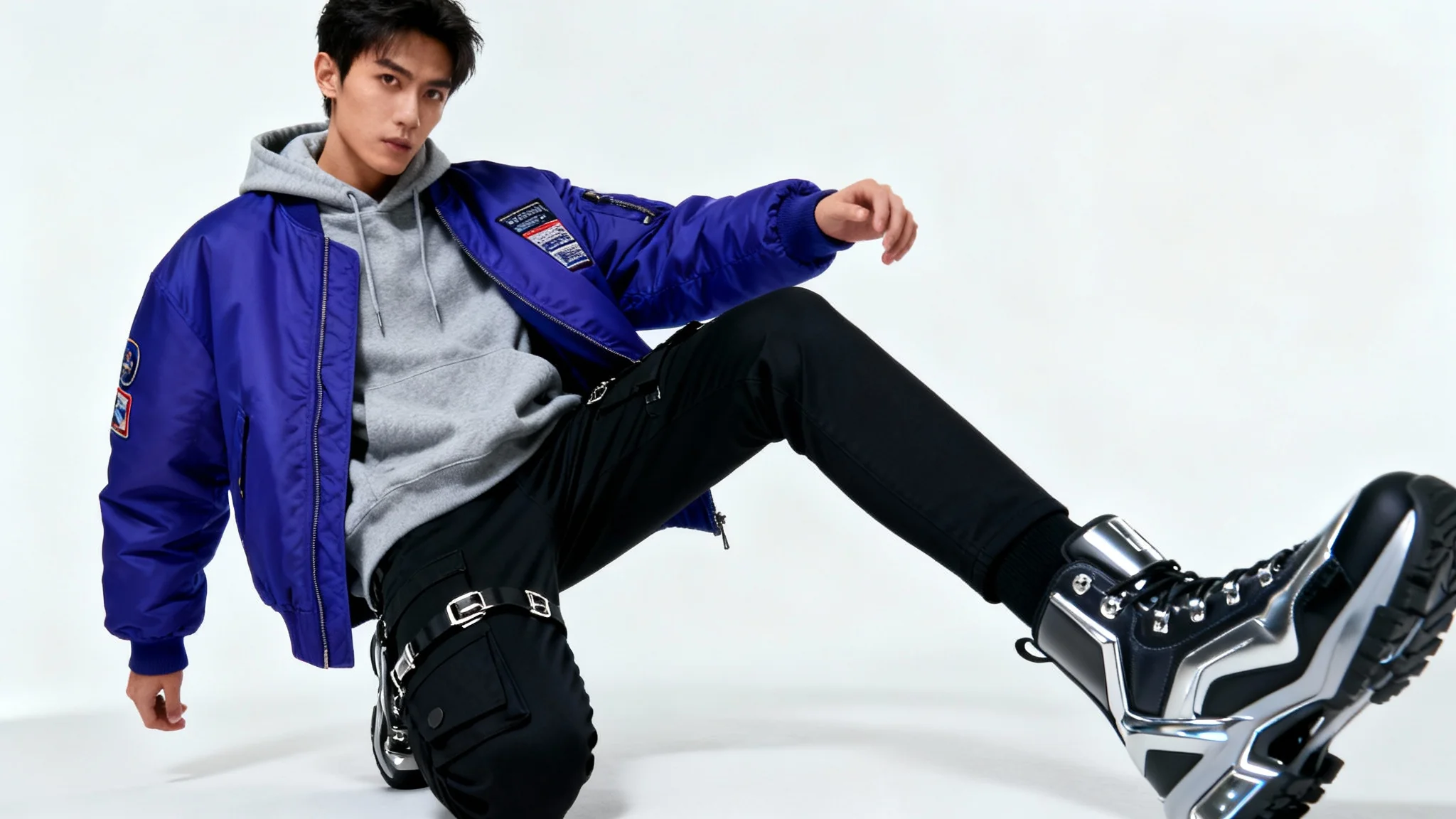 A model in a dynamic pose wears a stylish urban outfit featuring a cobalt blue bomber jacket and cargo pants, set against a plain white background.