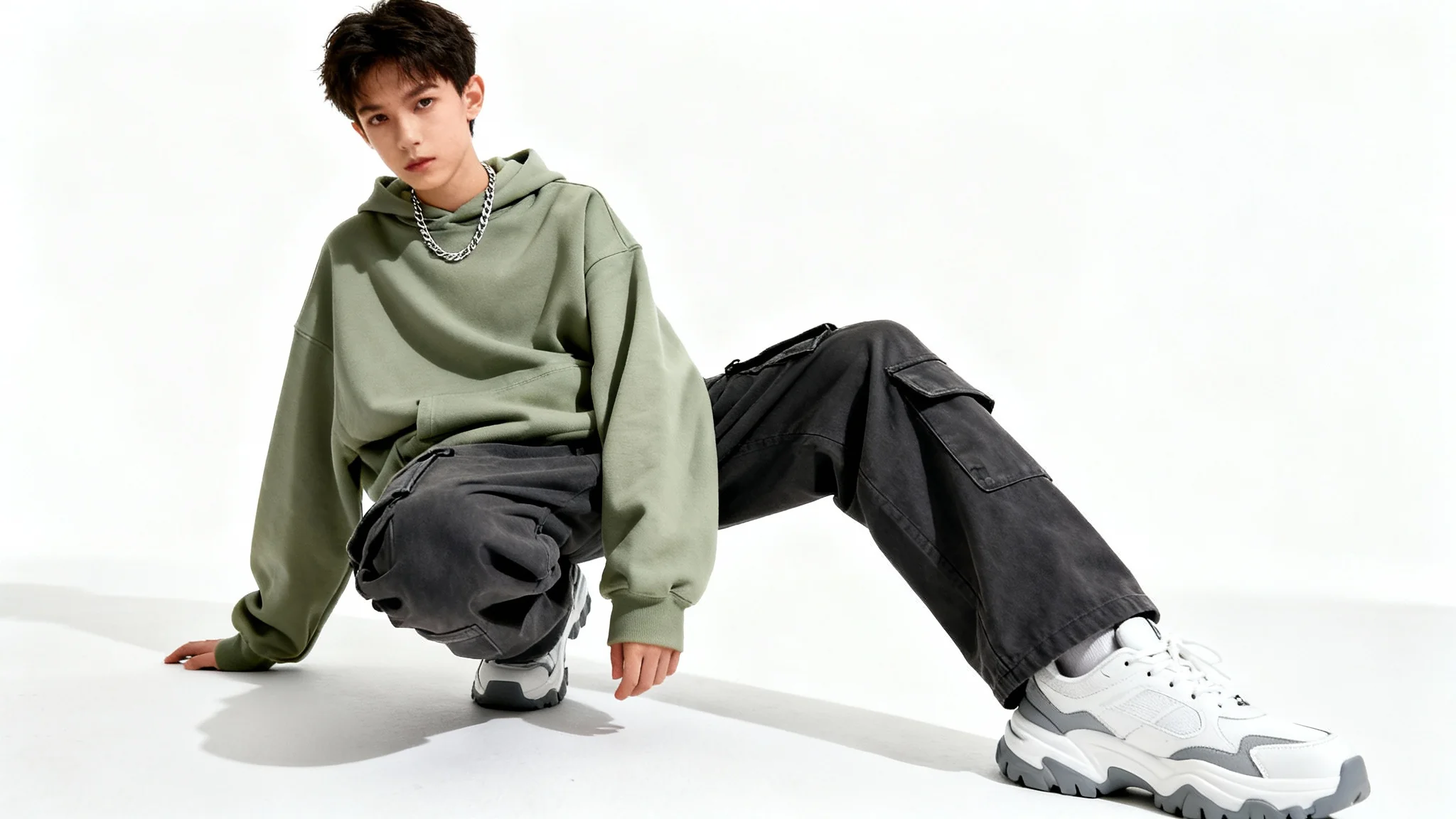 A young person modeling a modern urban fashion outfit, consisting of an oversized green hoodie, dark cargo pants, and chunky white sneakers, against a plain white background.