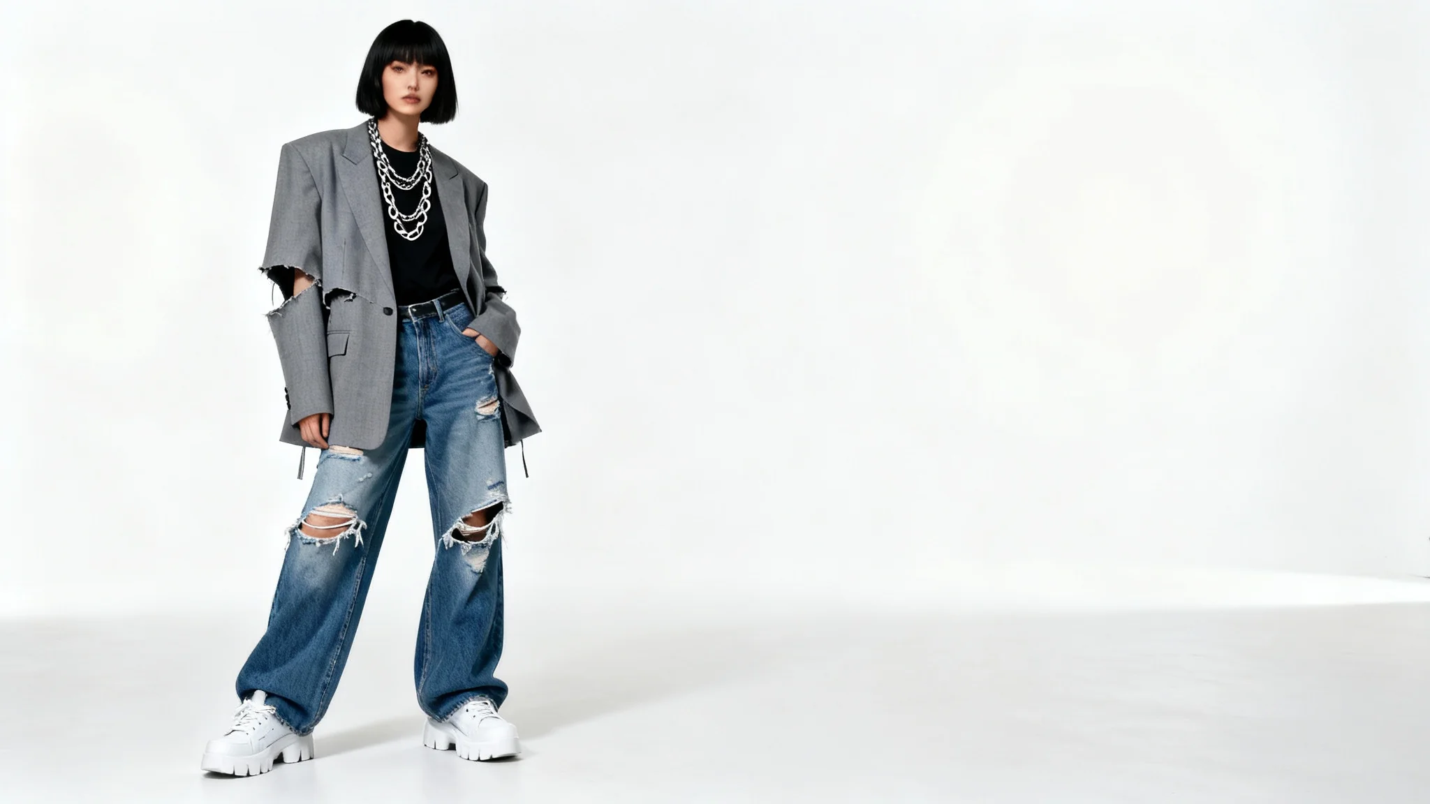A full-body photograph of a woman modeling a modern urban fashion outfit, consisting of a blazer, jeans, and sneakers, against a plain white background.