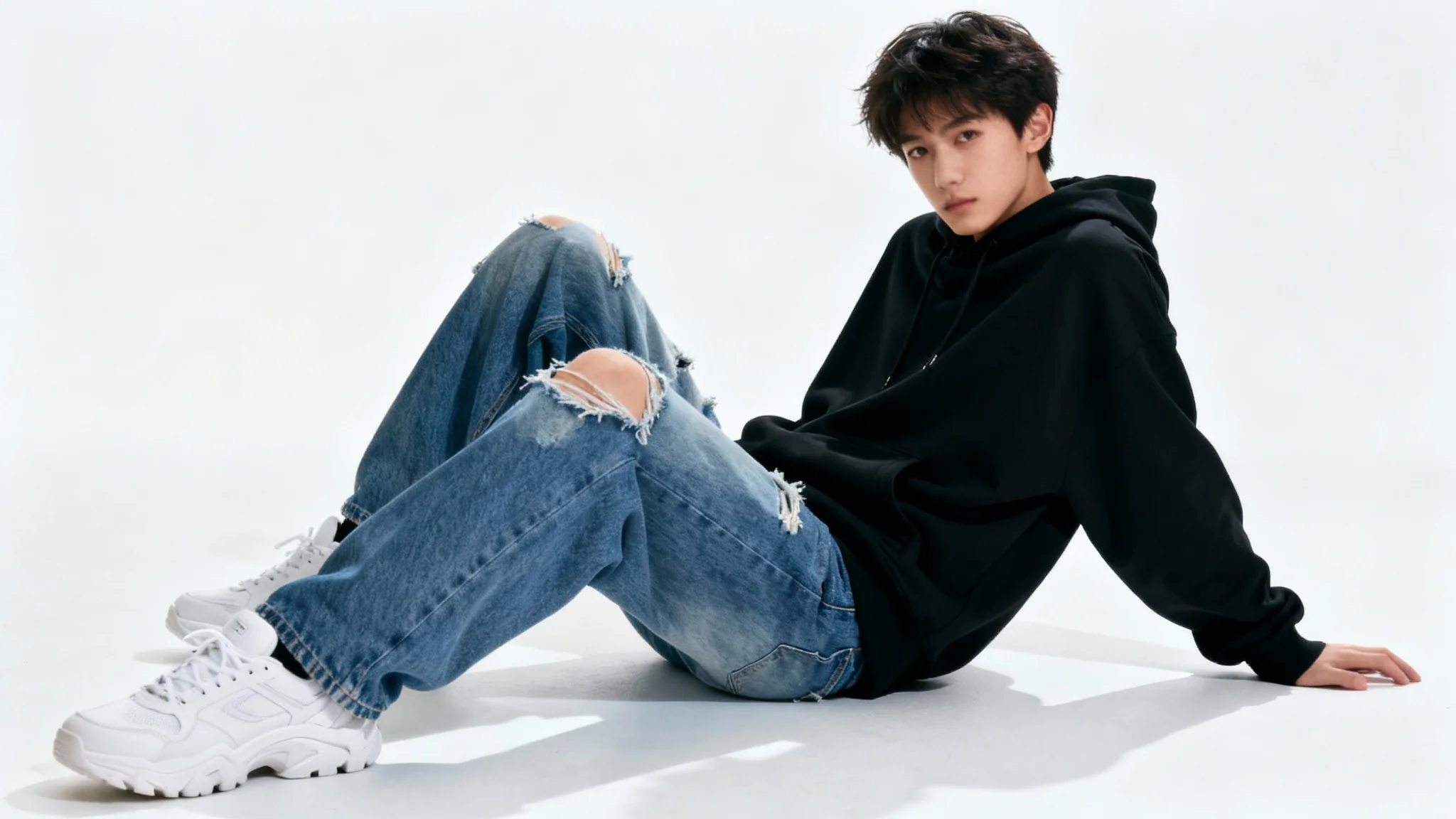 A person modeling a modern urban fashion outfit consisting of a black hoodie, baggy blue jeans, and white sneakers, standing against a plain white background.