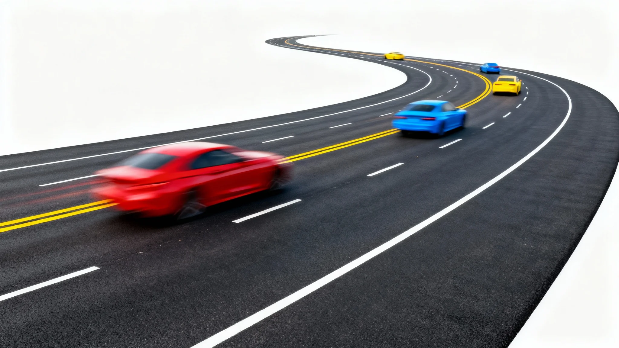 A photorealistic image of a multi-lane highway with several modern cars, shown from a dynamic angle and isolated against a plain white background.