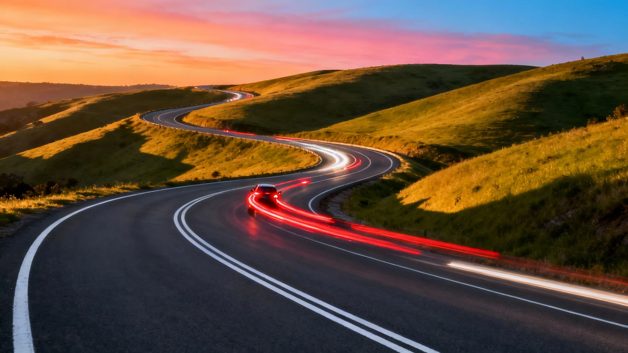 A scenic photograph of a winding highway cutting through rolling green hills during a vibrant sunset, evoking a sense of travel and freedom.