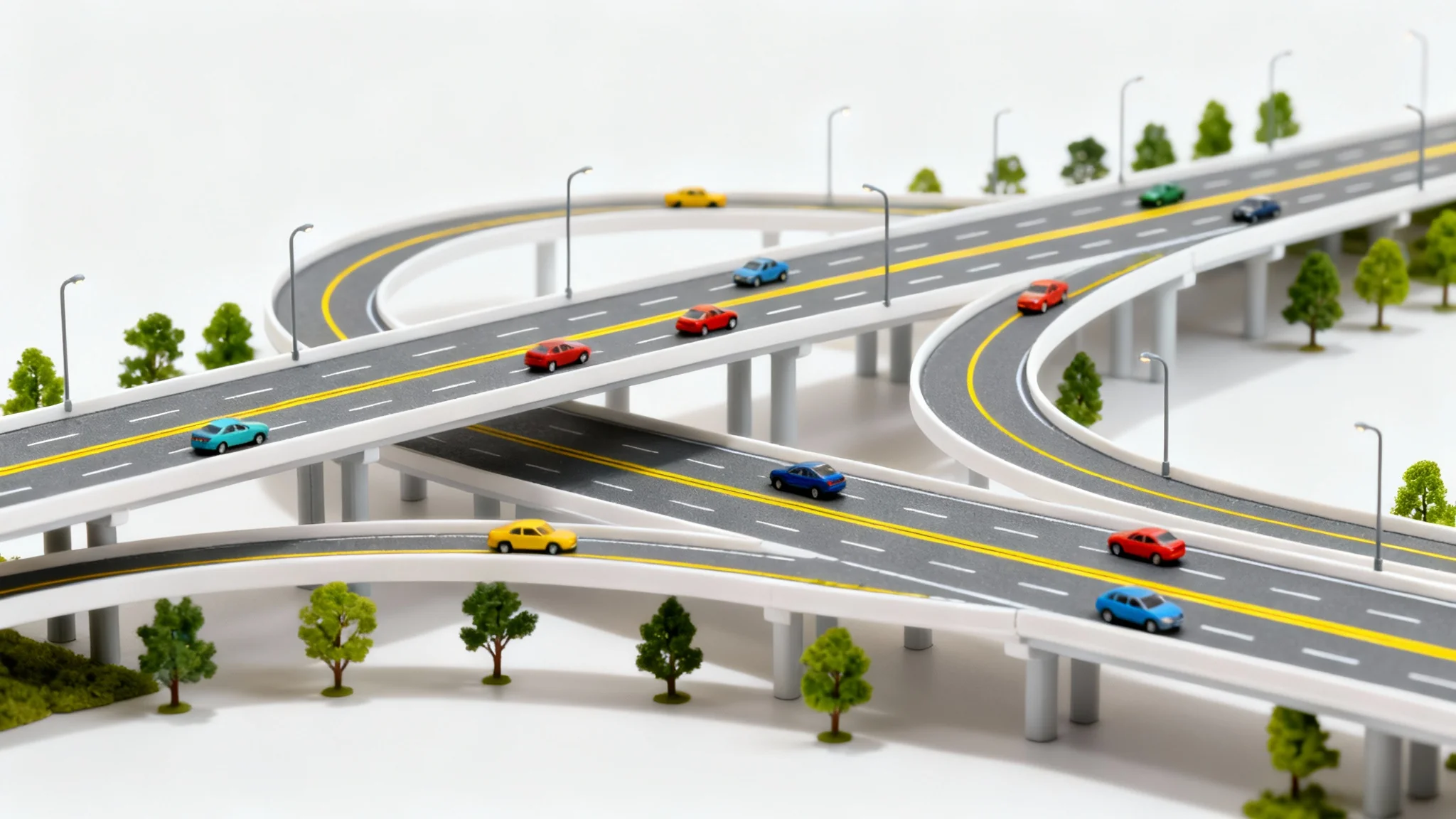 A detailed miniature model of a multi-level highway interchange, featuring tiny cars and overpasses, shot against a plain white background.