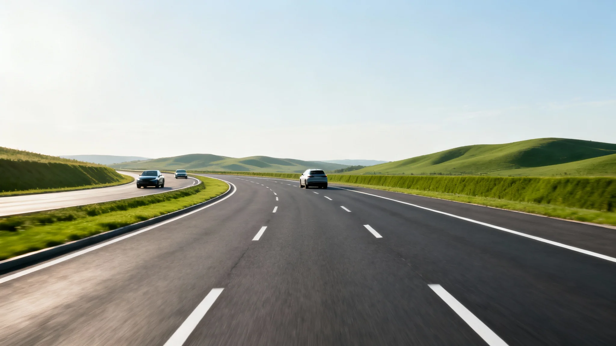 A photorealistic image of a wide, modern highway with light traffic curving through a green landscape under a clear blue sky, evoking a sense of smooth travel and progress.