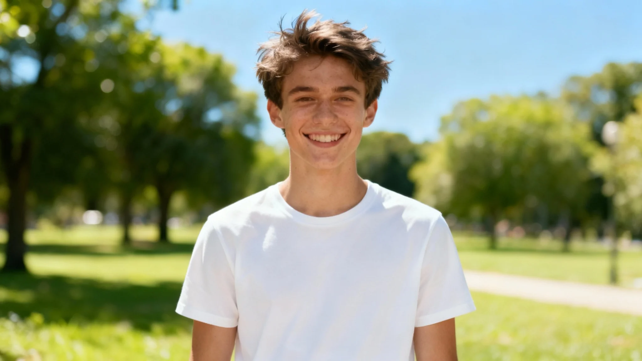 A young man smiling in a sunlit park, wearing a perfectly plain white t-shirt, demonstrating the result of a logo removal tool.