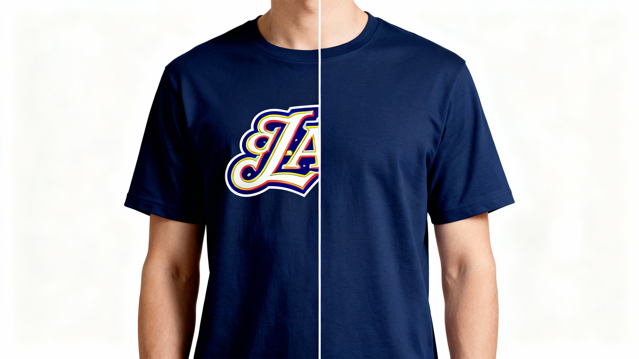 A before-and-after comparison image showing a logo being removed from a navy blue t-shirt. The left half has a prominent logo, while the right half shows the clean, plain shirt after removal.