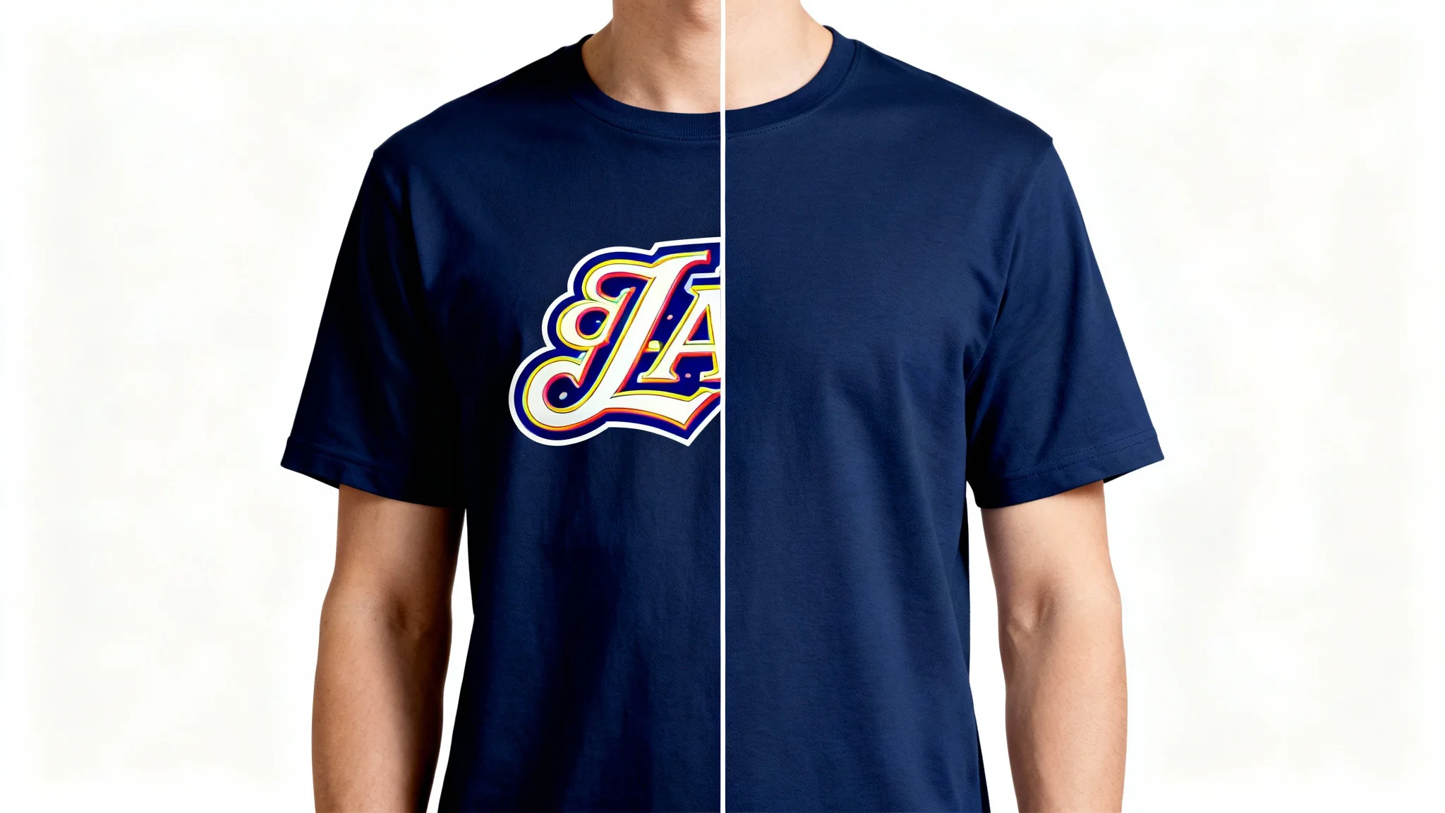 A before-and-after comparison image showing a logo being removed from a navy blue t-shirt. The left half has a prominent logo, while the right half shows the clean, plain shirt after removal.
