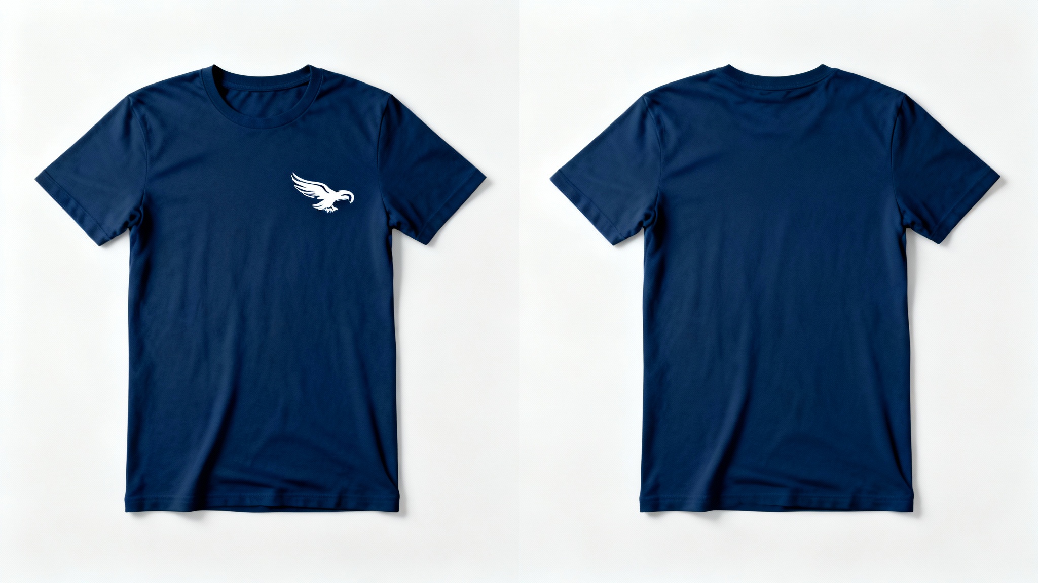 A side-by-side comparison of a navy blue t-shirt. The shirt on the left has a small white logo, and the shirt on the right is identical but with the logo perfectly removed, showcasing a logo removal effect.