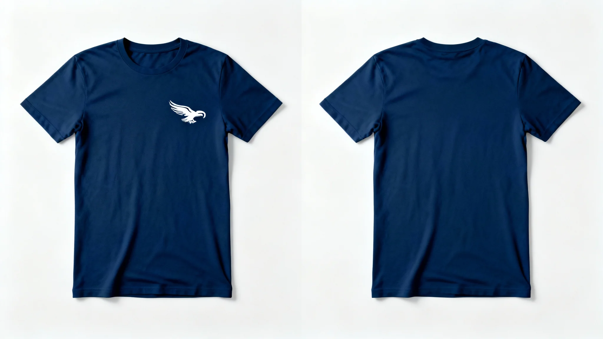A side-by-side comparison of a navy blue t-shirt. The shirt on the left has a small white logo, and the shirt on the right is identical but with the logo perfectly removed, showcasing a logo removal effect.