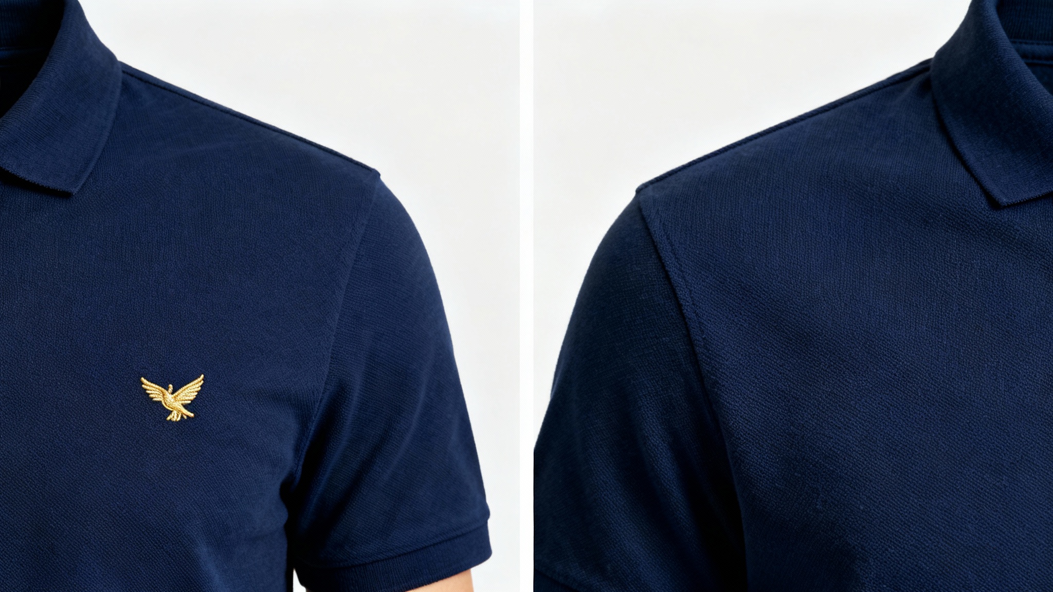 A before-and-after image showing a close-up of a navy blue polo shirt. The left side has a small embroidered logo, and the right side shows the shirt with the logo completely removed, leaving the fabric perfect.
