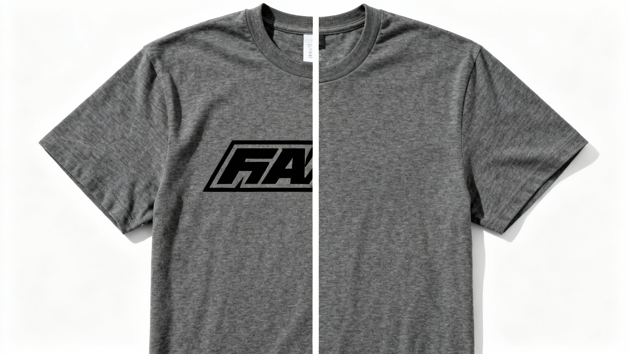 A before-and-after comparison of a charcoal grey t-shirt on a white background. The left half shows the shirt with a printed logo, and the right half shows the same shirt with the logo perfectly removed.
