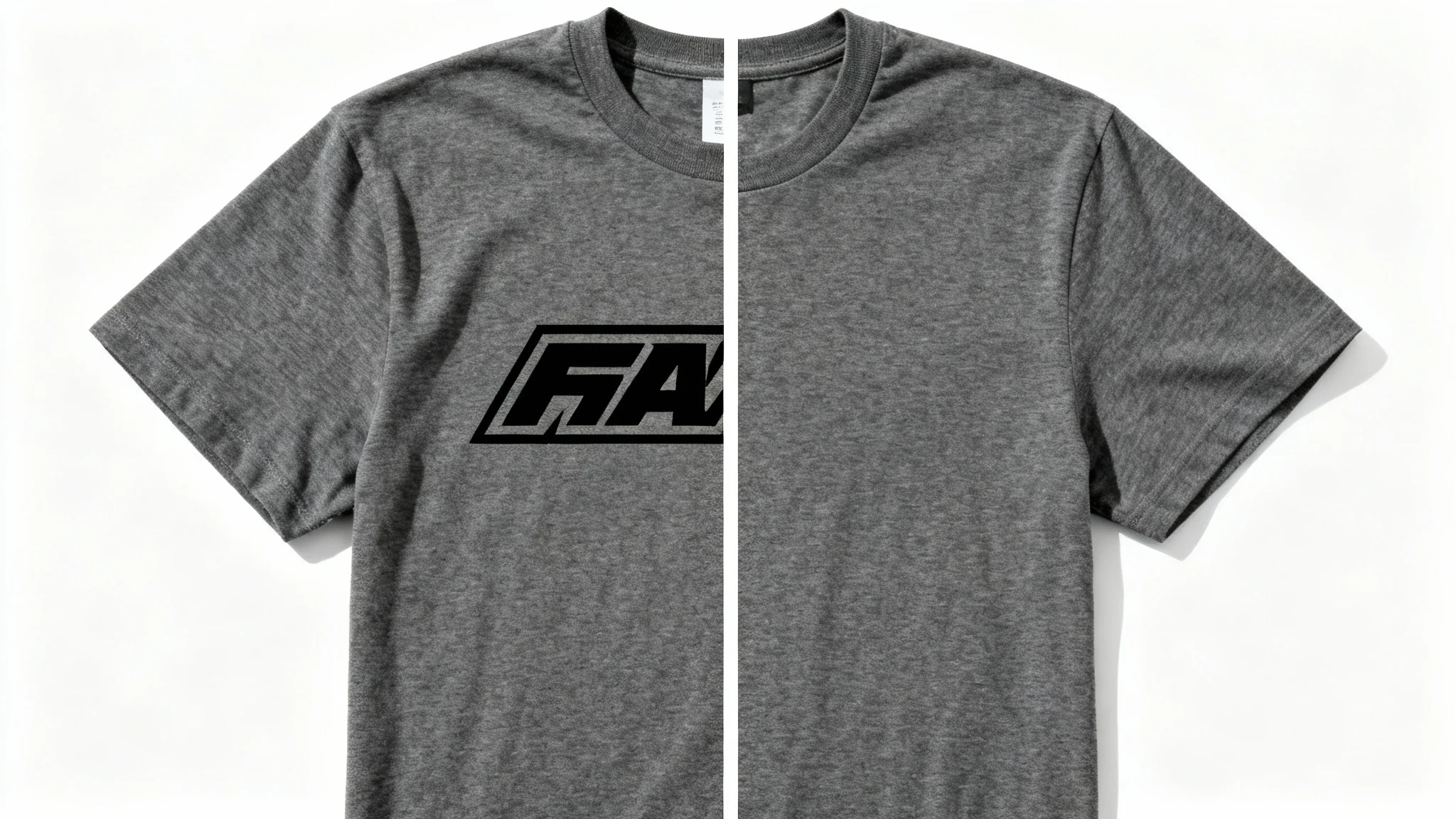 A before-and-after comparison of a charcoal grey t-shirt on a white background. The left half shows the shirt with a printed logo, and the right half shows the same shirt with the logo perfectly removed.
