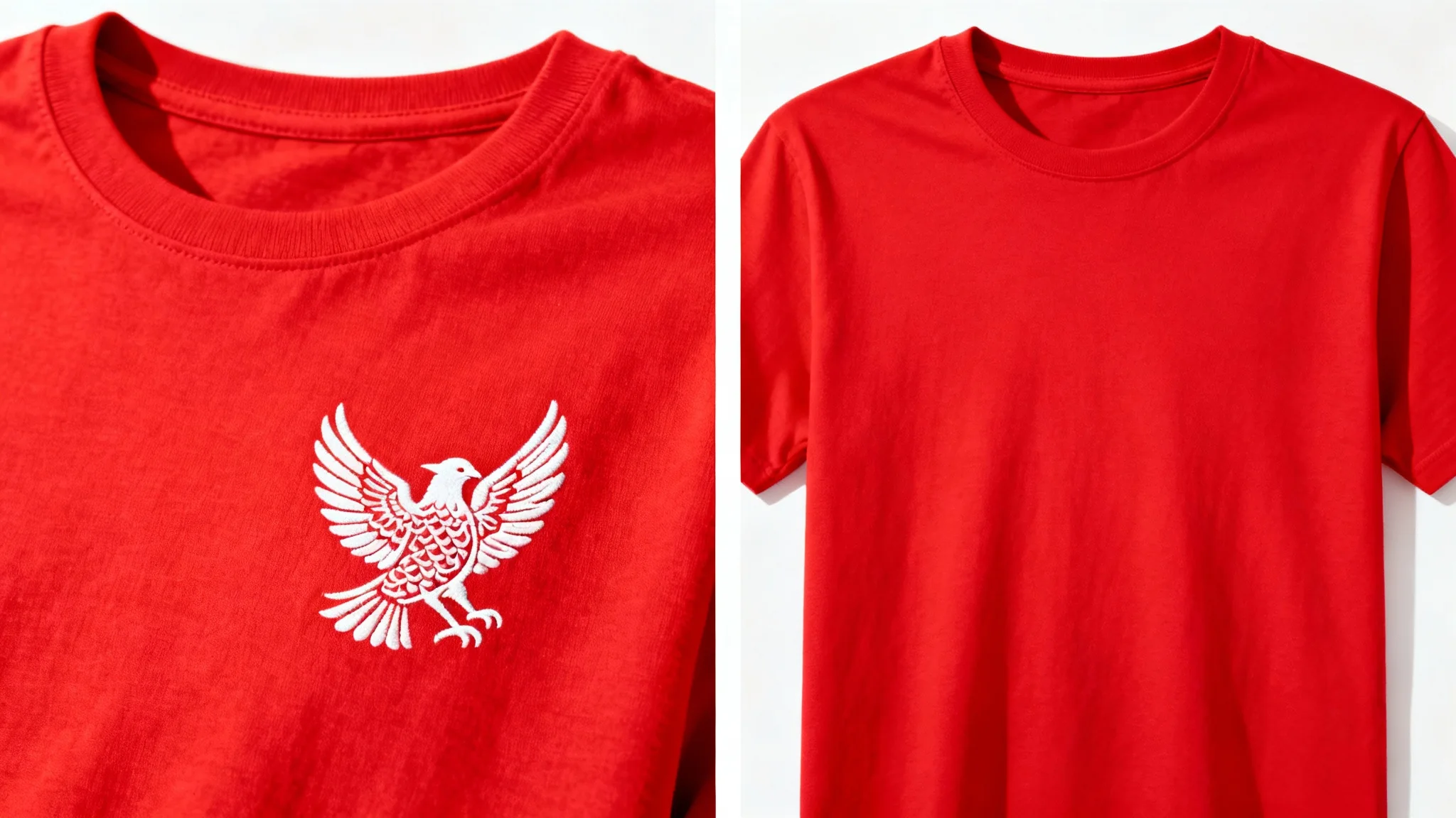 A before-and-after comparison image. On the left, a red t-shirt has a white logo. On the right, the same t-shirt is shown with the logo perfectly removed.