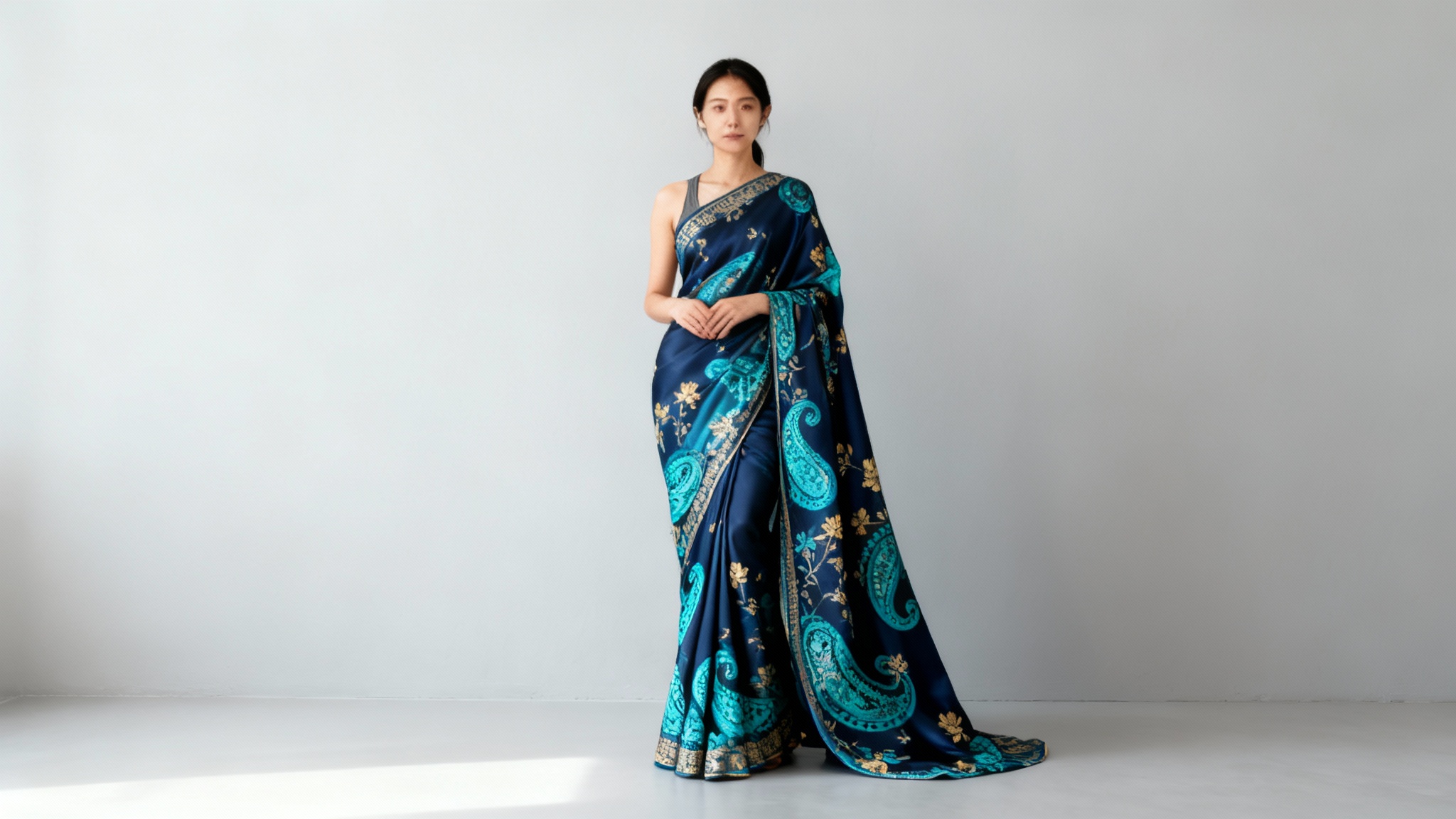 A photorealistic studio mockup of an elegant Indian woman wearing a contemporary navy blue silk saree with a vibrant turquoise and gold digital floral and paisley print.