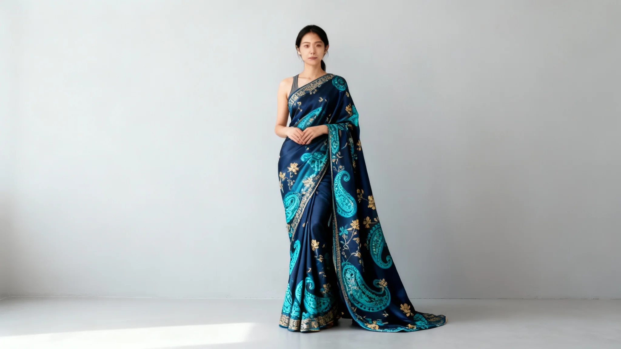 A photorealistic studio mockup of an elegant Indian woman wearing a contemporary navy blue silk saree with a vibrant turquoise and gold digital floral and paisley print.