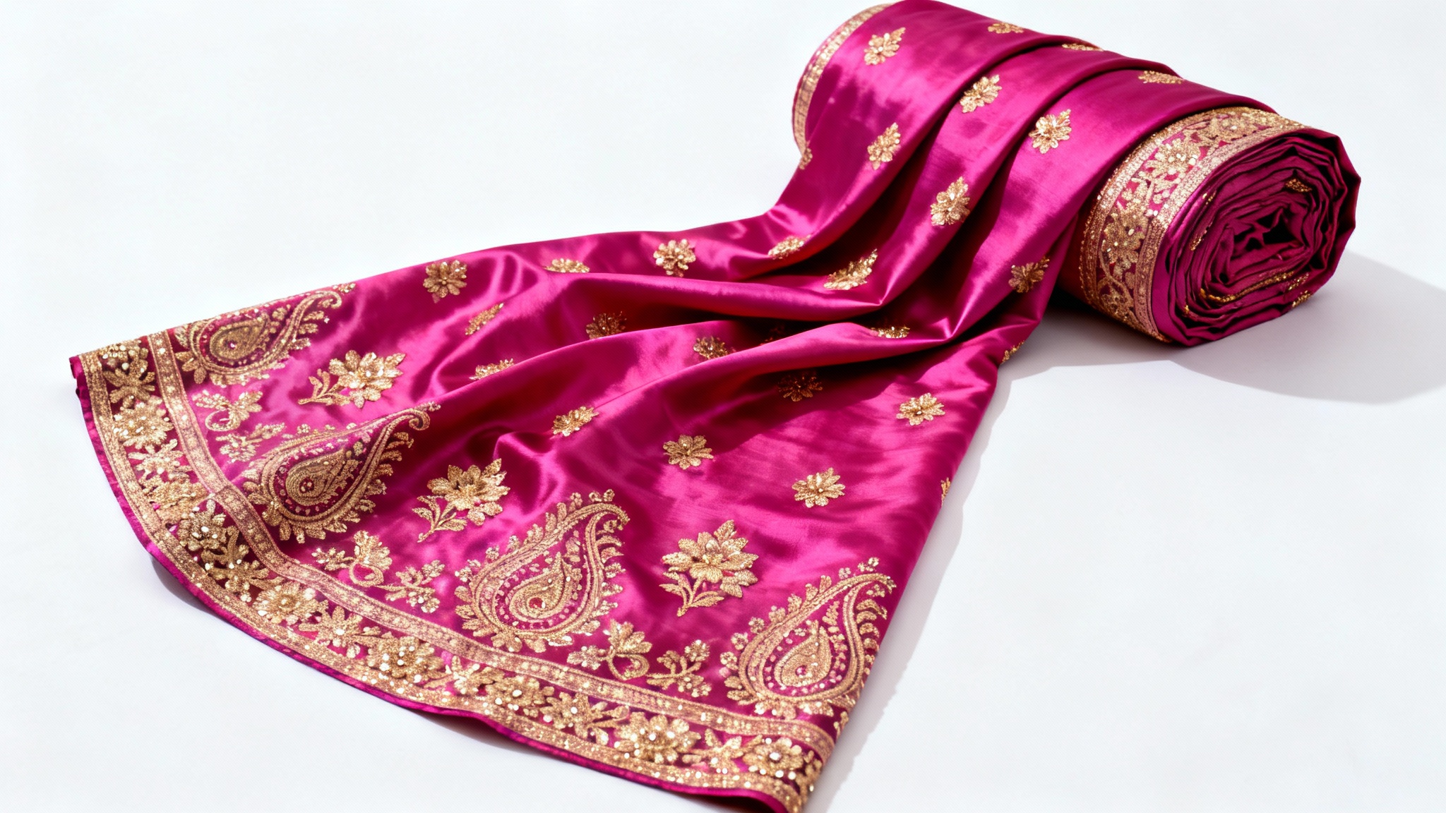 An elegantly folded magenta pink silk saree with elaborate gold embroidery, presented as a professional product mockup on a plain white background.